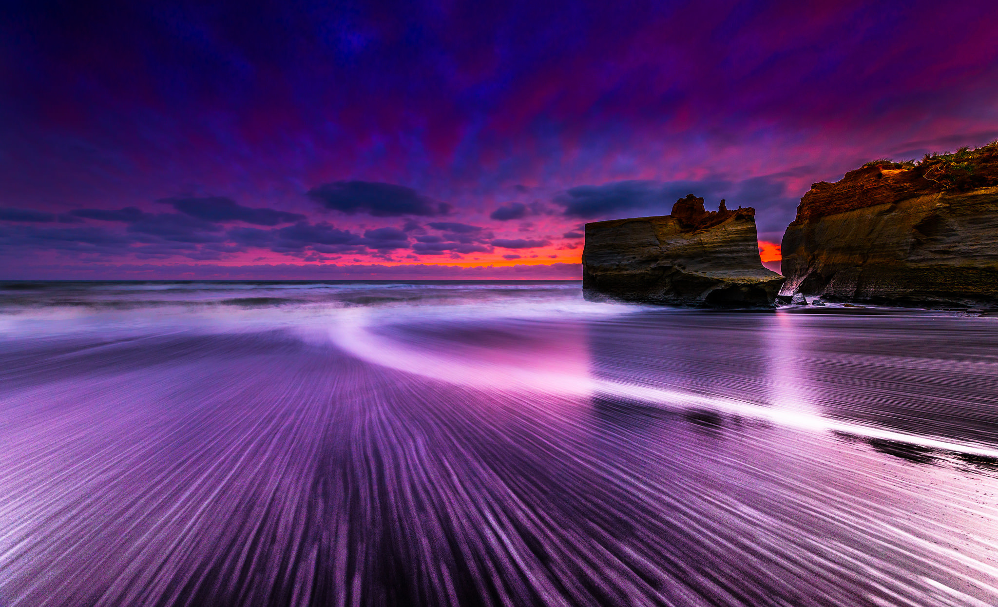 Download mobile wallpaper Sunset, Sky, Sea, Beach, Horizon, Ocean, Earth, Purple, Cloud for free.