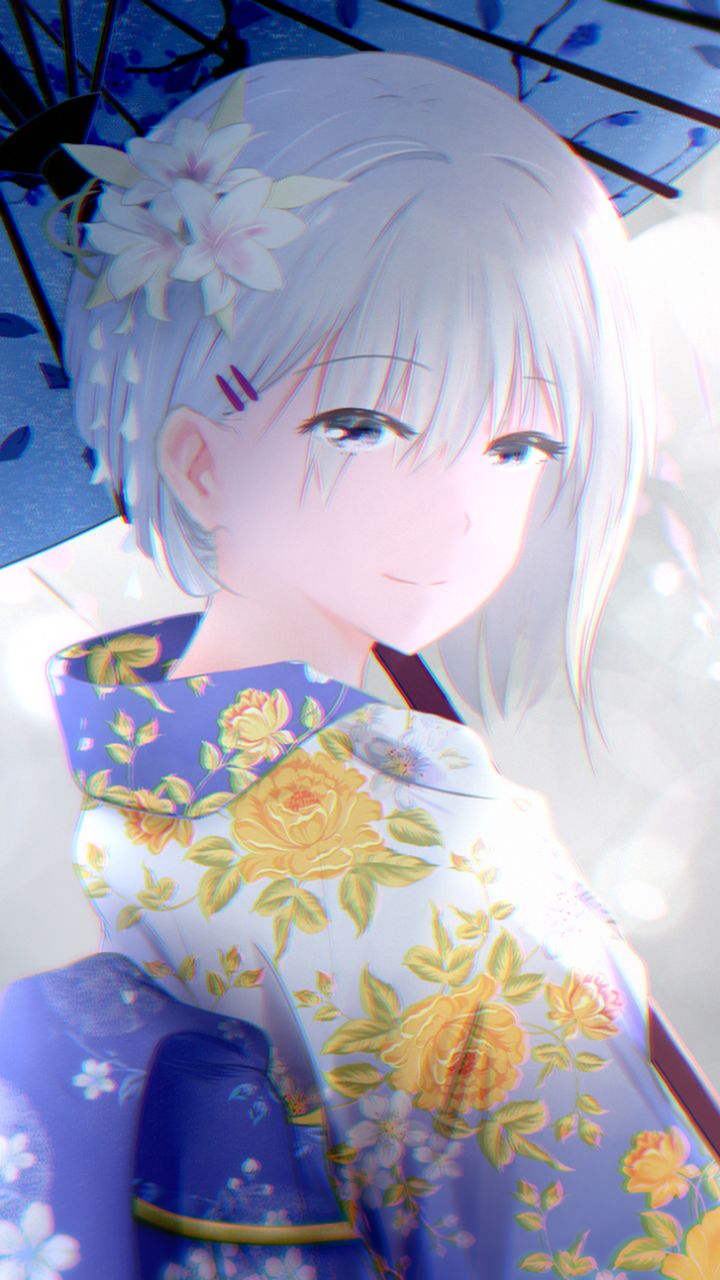 Download mobile wallpaper Anime, Smile, Kimono, Cherry Blossom, Original, Long Hair, White Hair, Grey Eyes for free.