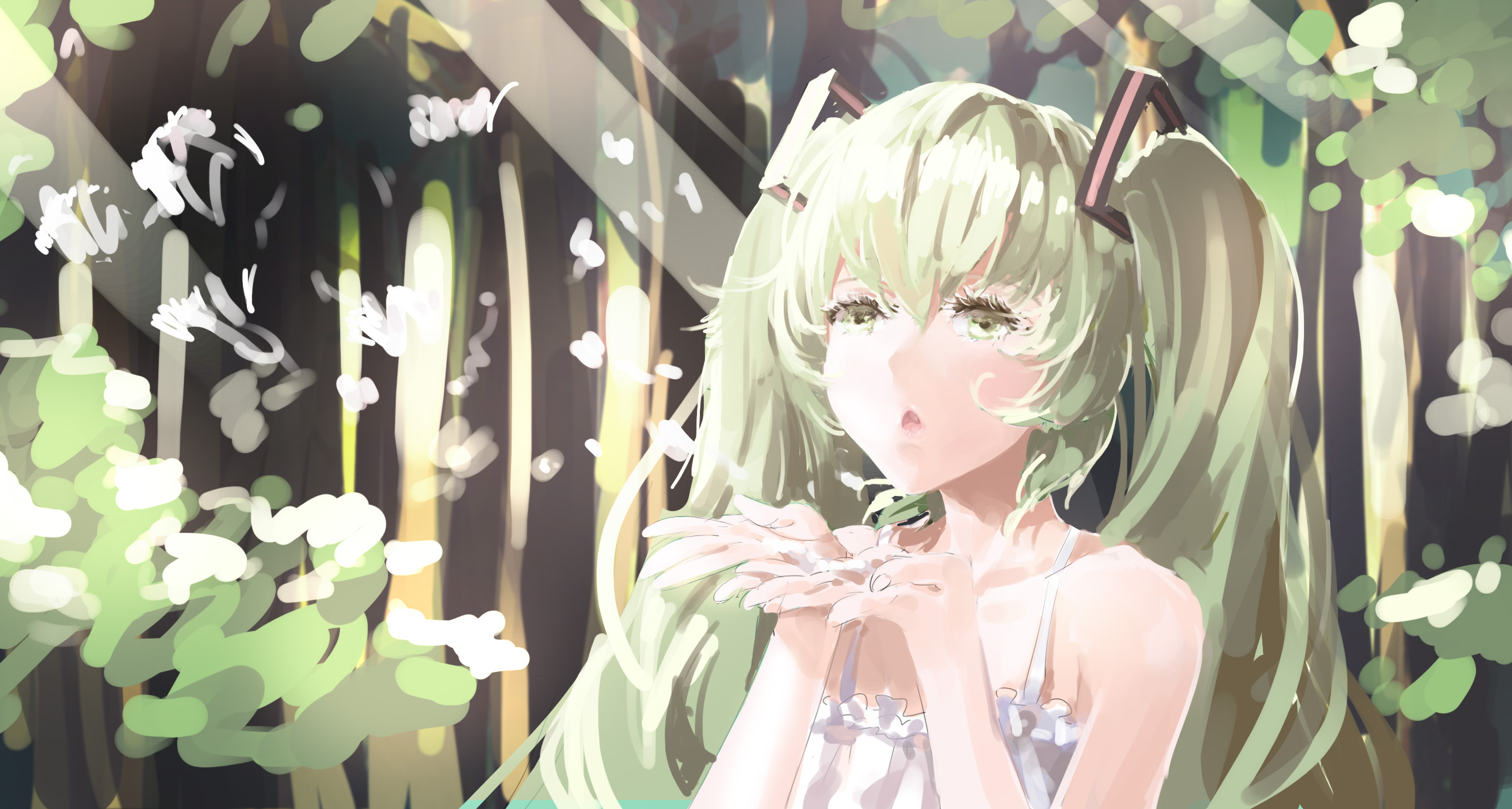 Download mobile wallpaper Anime, Vocaloid, Green Hair, Petal, Green Eyes, Hatsune Miku, Long Hair, Twintails for free.