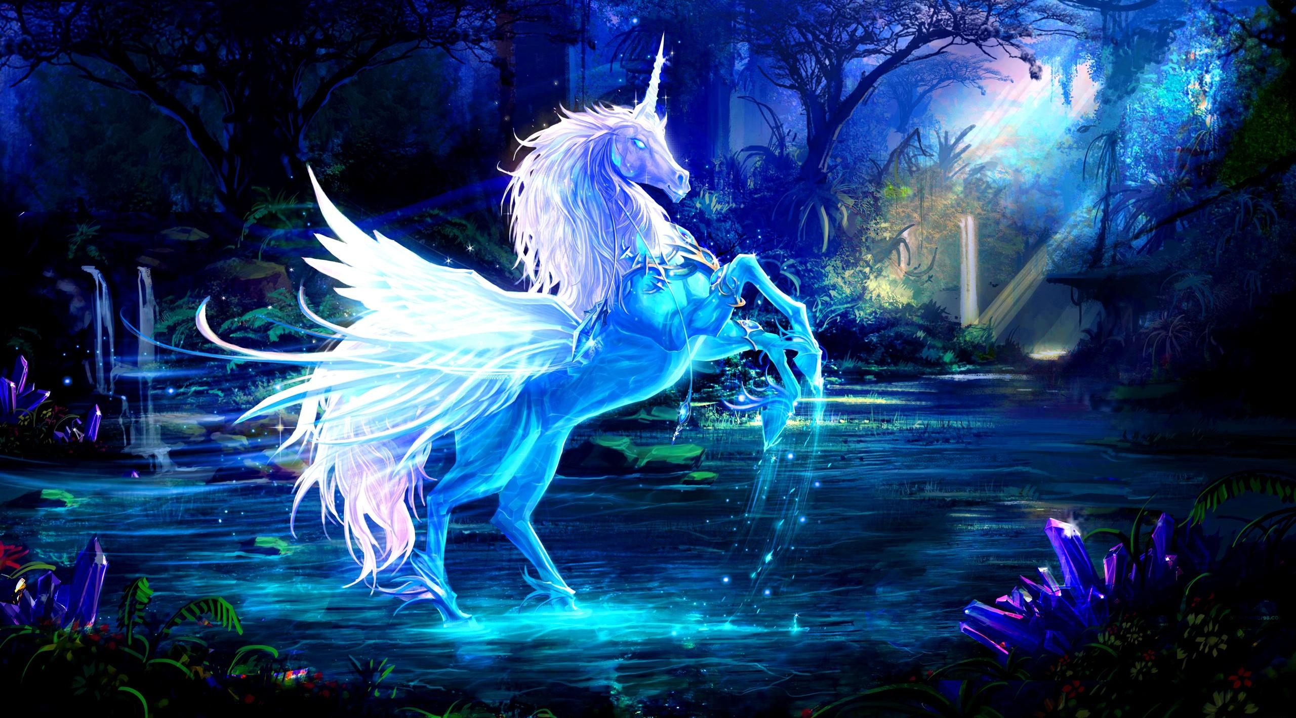 60816 descargar fondo de pantalla agua, fantasía, noche, magia, bosque, unicornio: protectores de pantalla e imágenes gratis