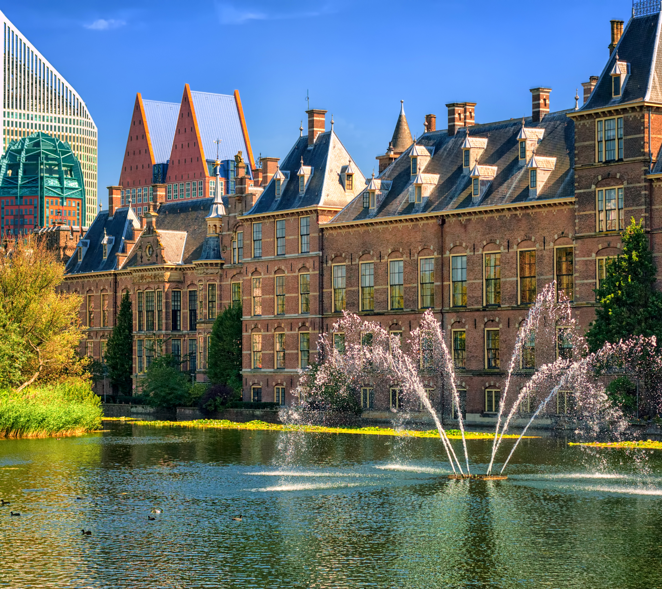 Download mobile wallpaper Cities, Fountain, House, Netherlands, Man Made, The Hague for free.