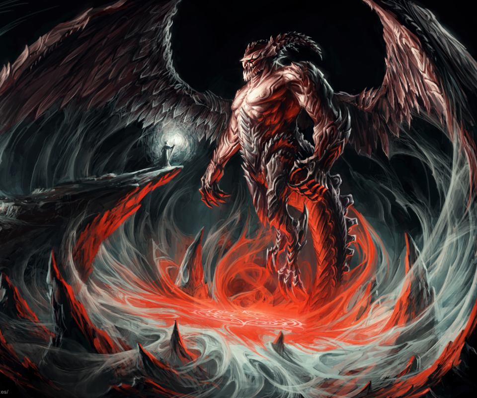 Download mobile wallpaper Magic, Fantasy, Wings, Horns, Demon, Giant, Wizard for free.
