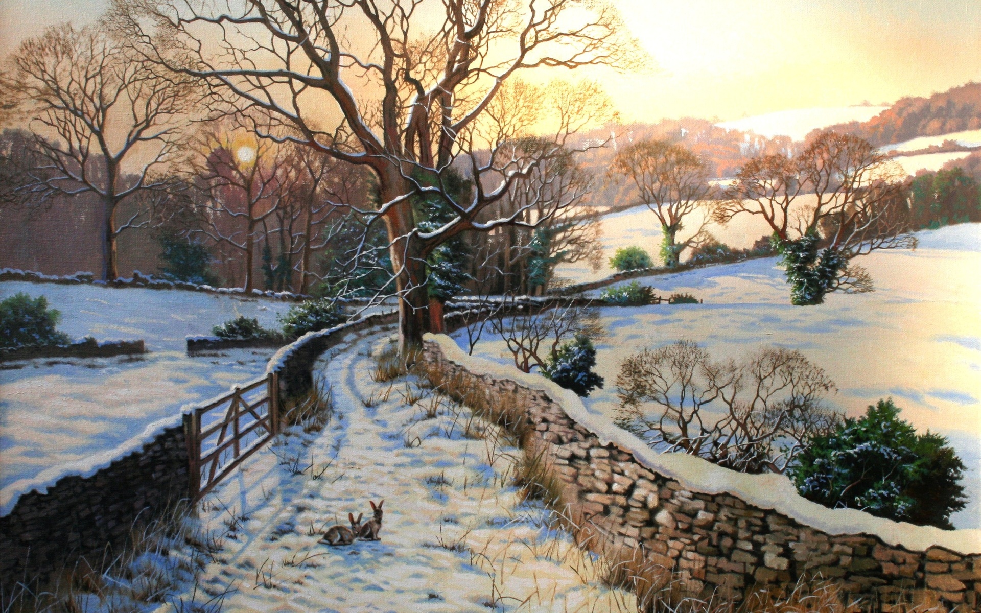 Download mobile wallpaper Winter, Snow, Tree, Path, Painting, Artistic for free.