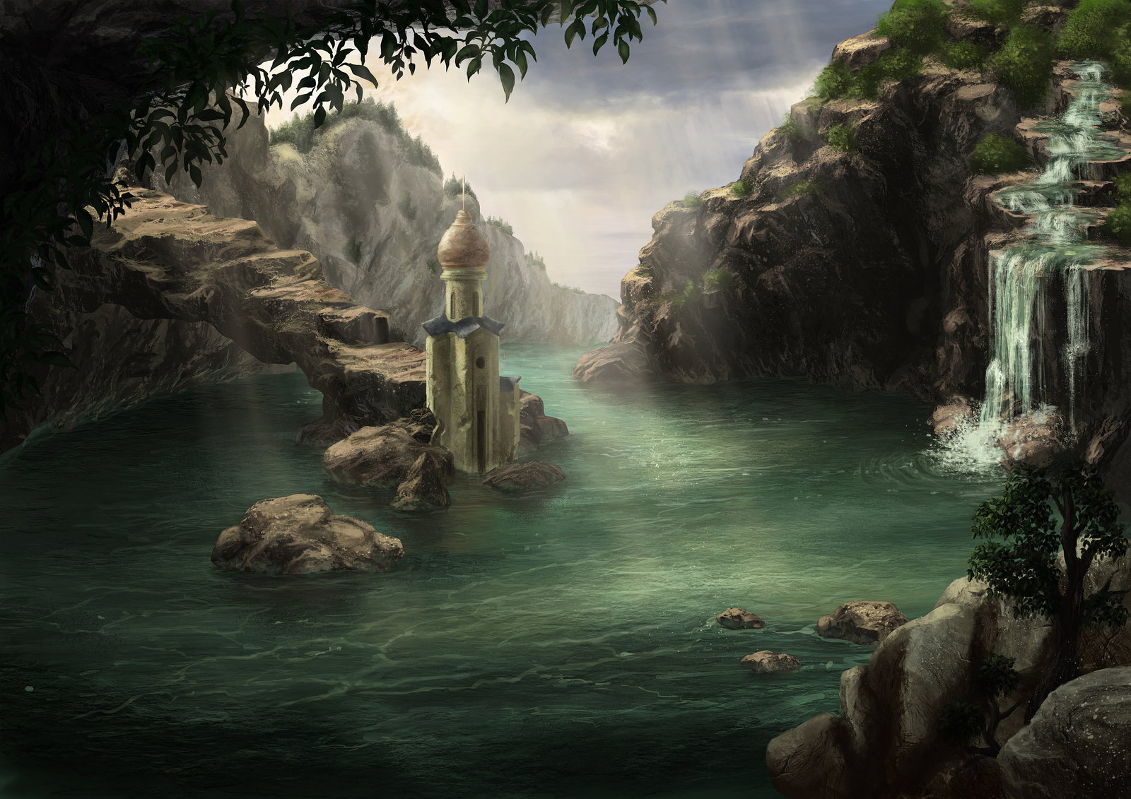 Free download wallpaper Landscape, Fantasy, River on your PC desktop