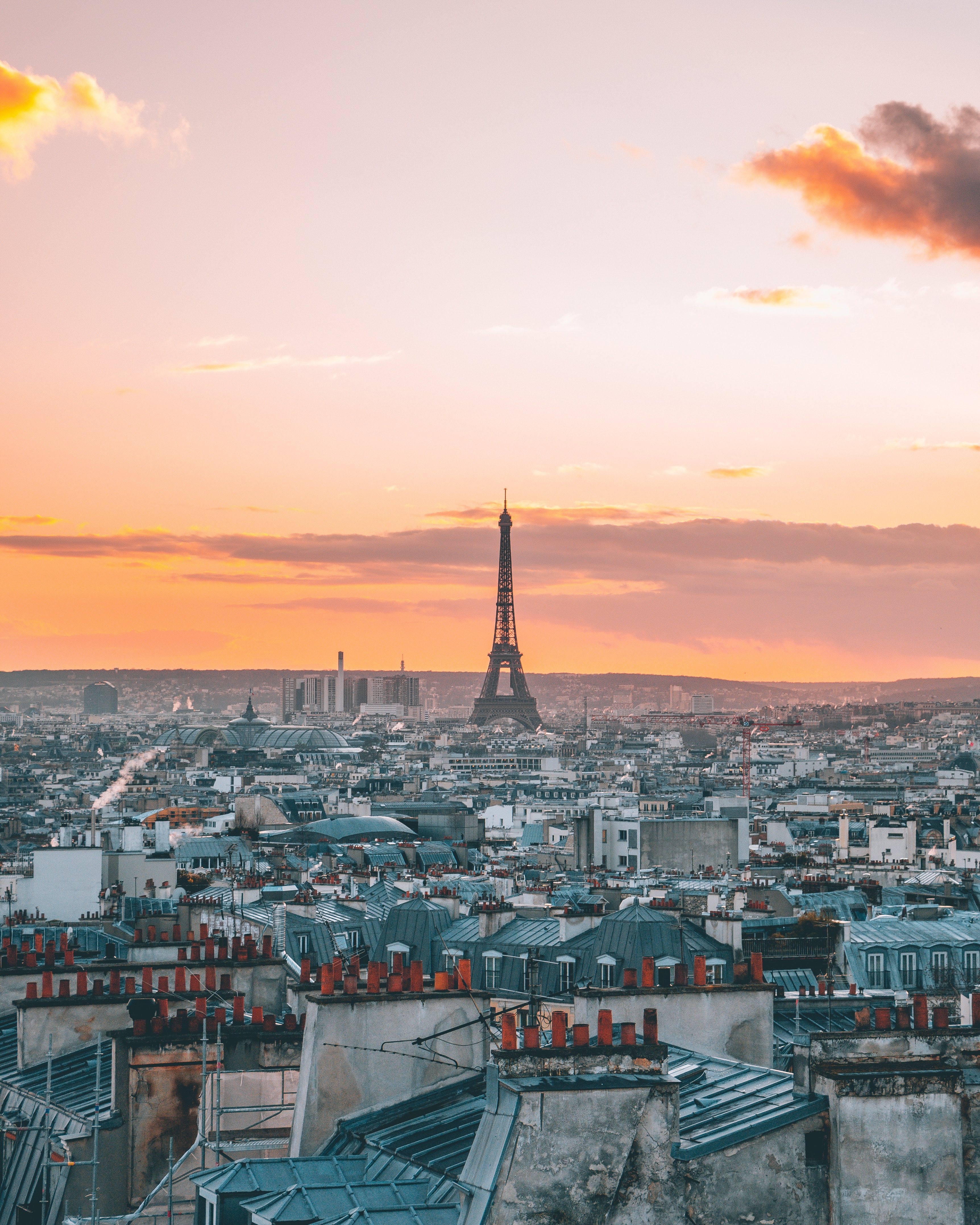 eiffel tower, cities, sunset, paris, city, view from above, france