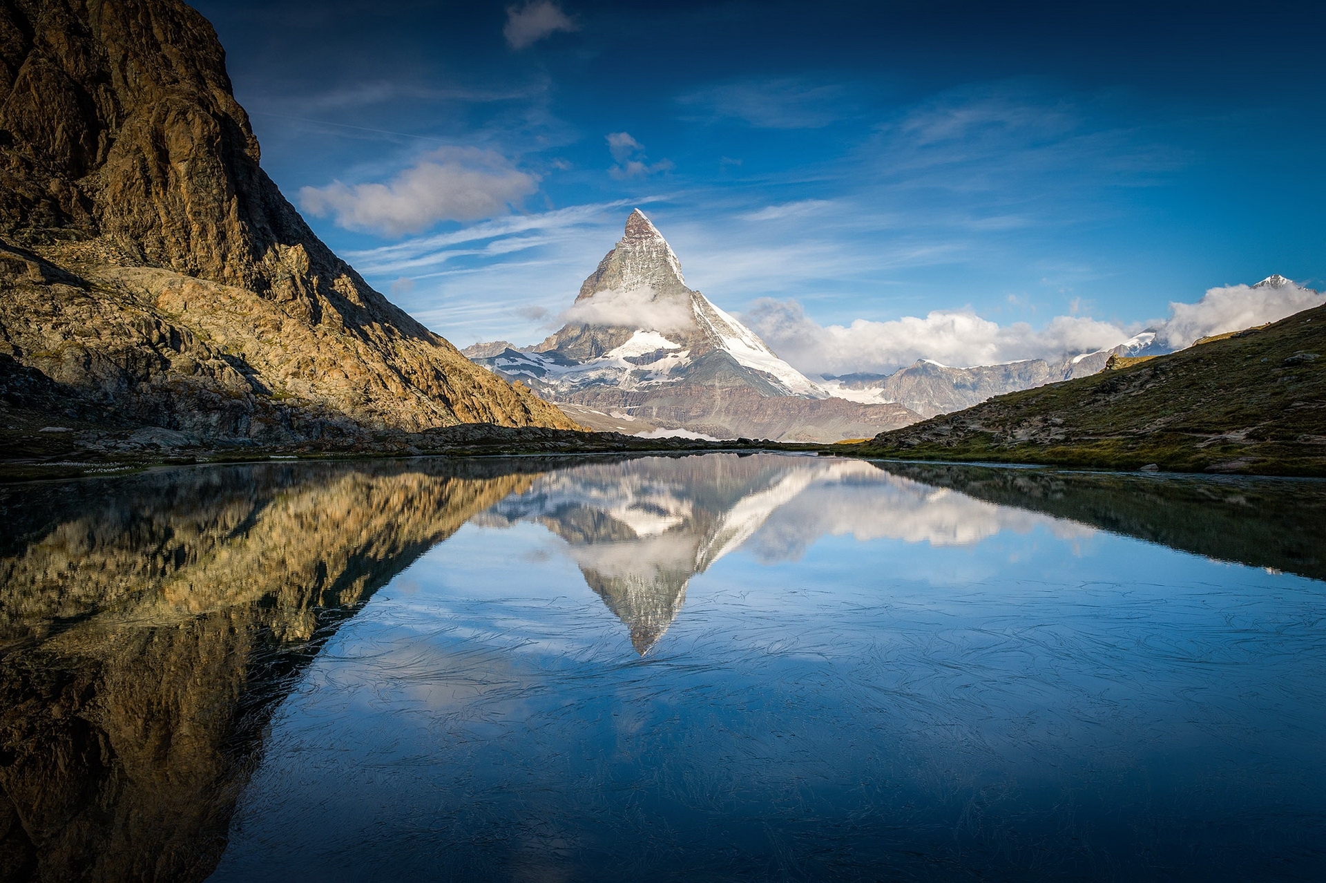 vertical wallpaper alps, matterhorn, mountains, nature, lake, reflection