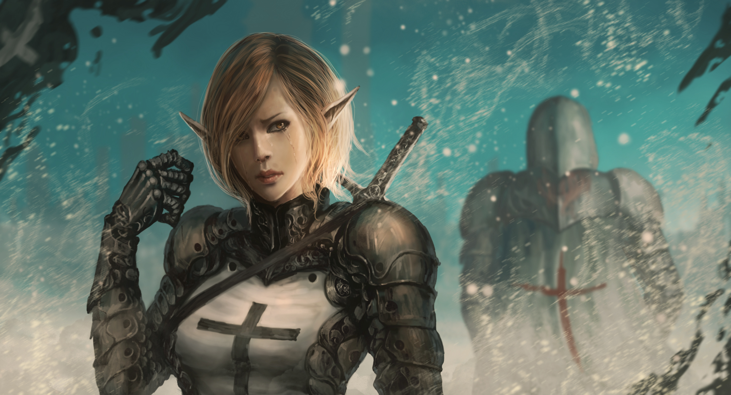 Free download wallpaper Fantasy, Blonde, Elf, Armor, Yellow Eyes, Tears, Pointed Ears, Short Hair, Women Warrior, Woman Warrior on your PC desktop