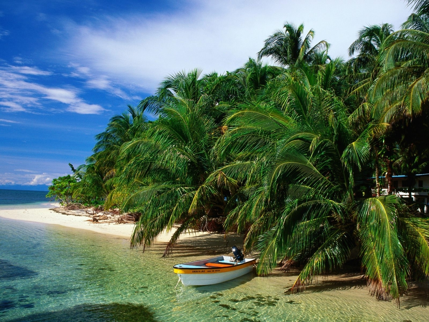 Free download wallpaper Sky, Palms, Landscape, Sea, Boats on your PC desktop
