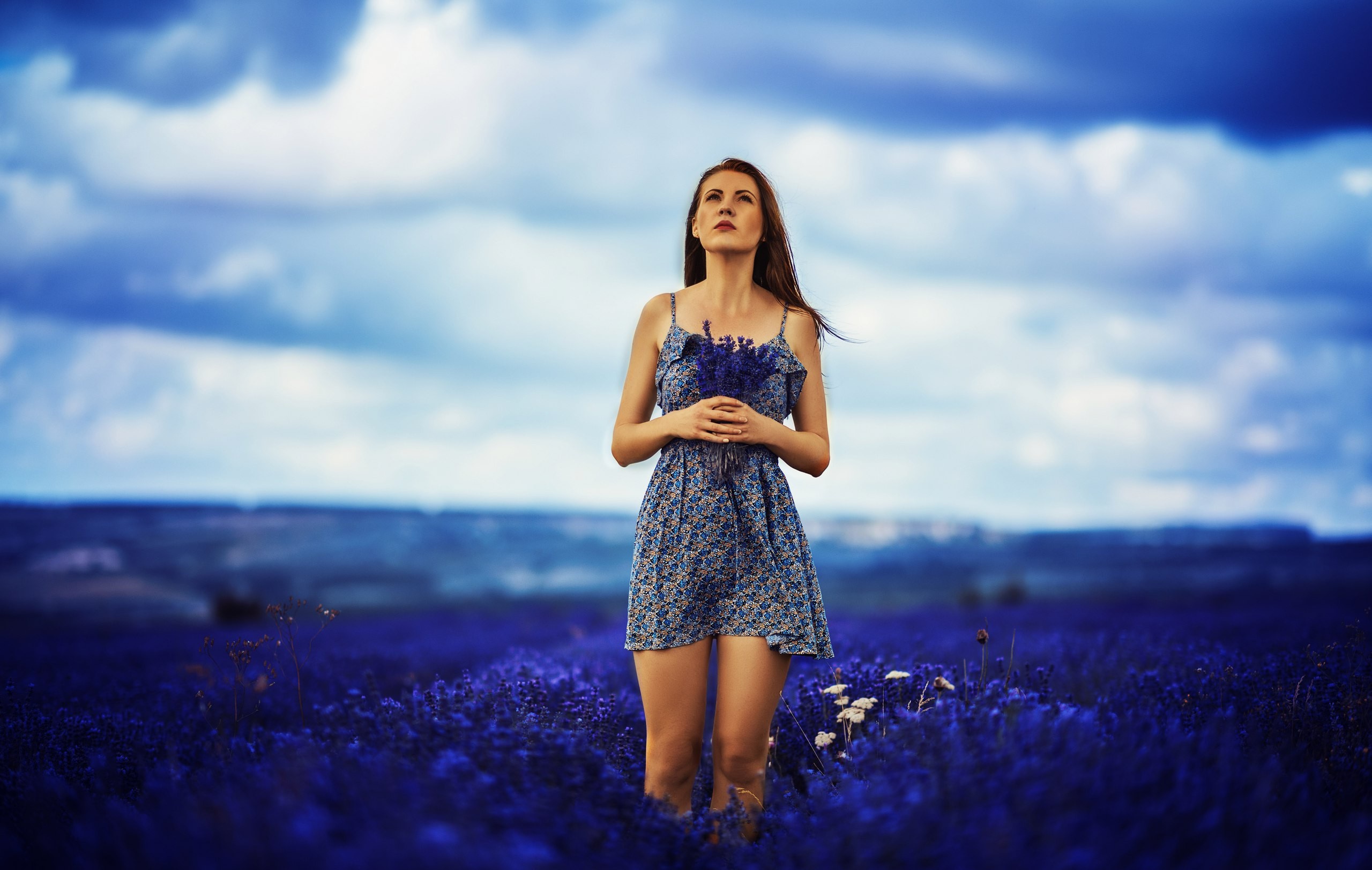 Download mobile wallpaper Flower, Mood, Dress, Brunette, Model, Women, Depth Of Field, Blue Flower for free.