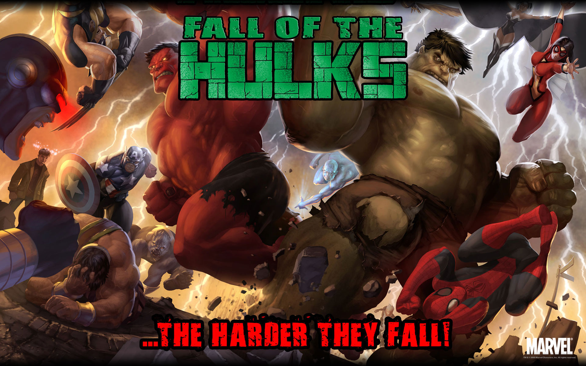 comics, fall of the hulks, captain america, hulk, red hulk, spider man, spider woman, wolverine
