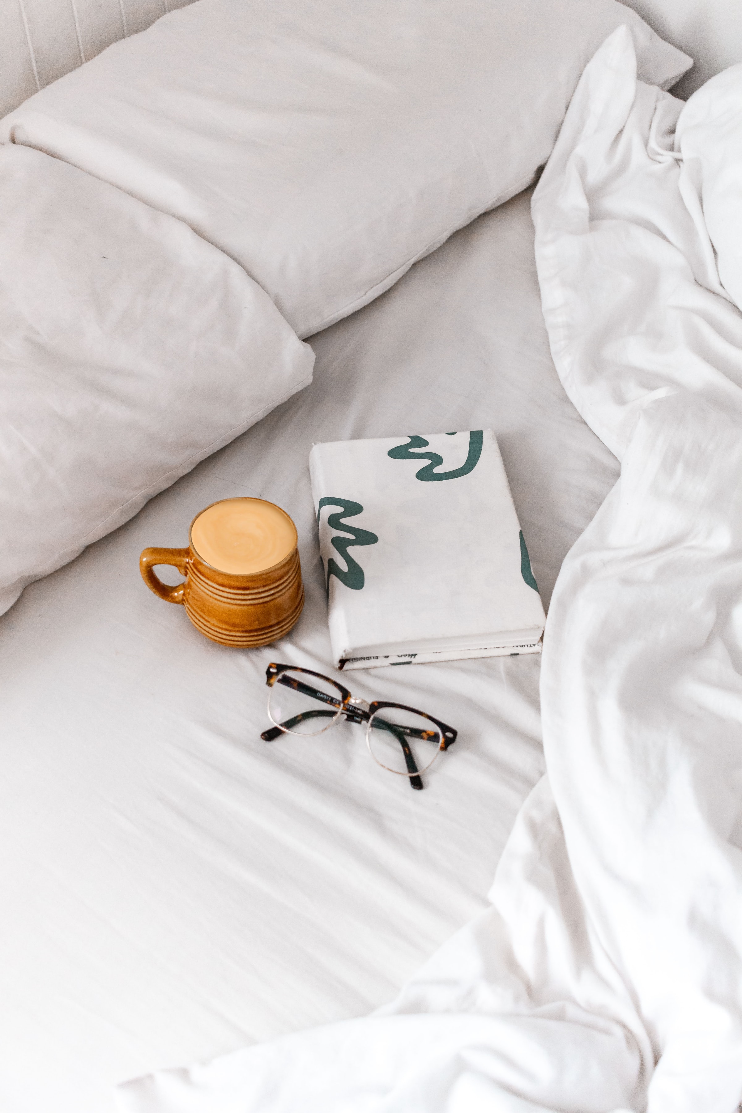 bed, coffee, miscellanea, miscellaneous, cup, book, glasses, spectacles iphone wallpaper