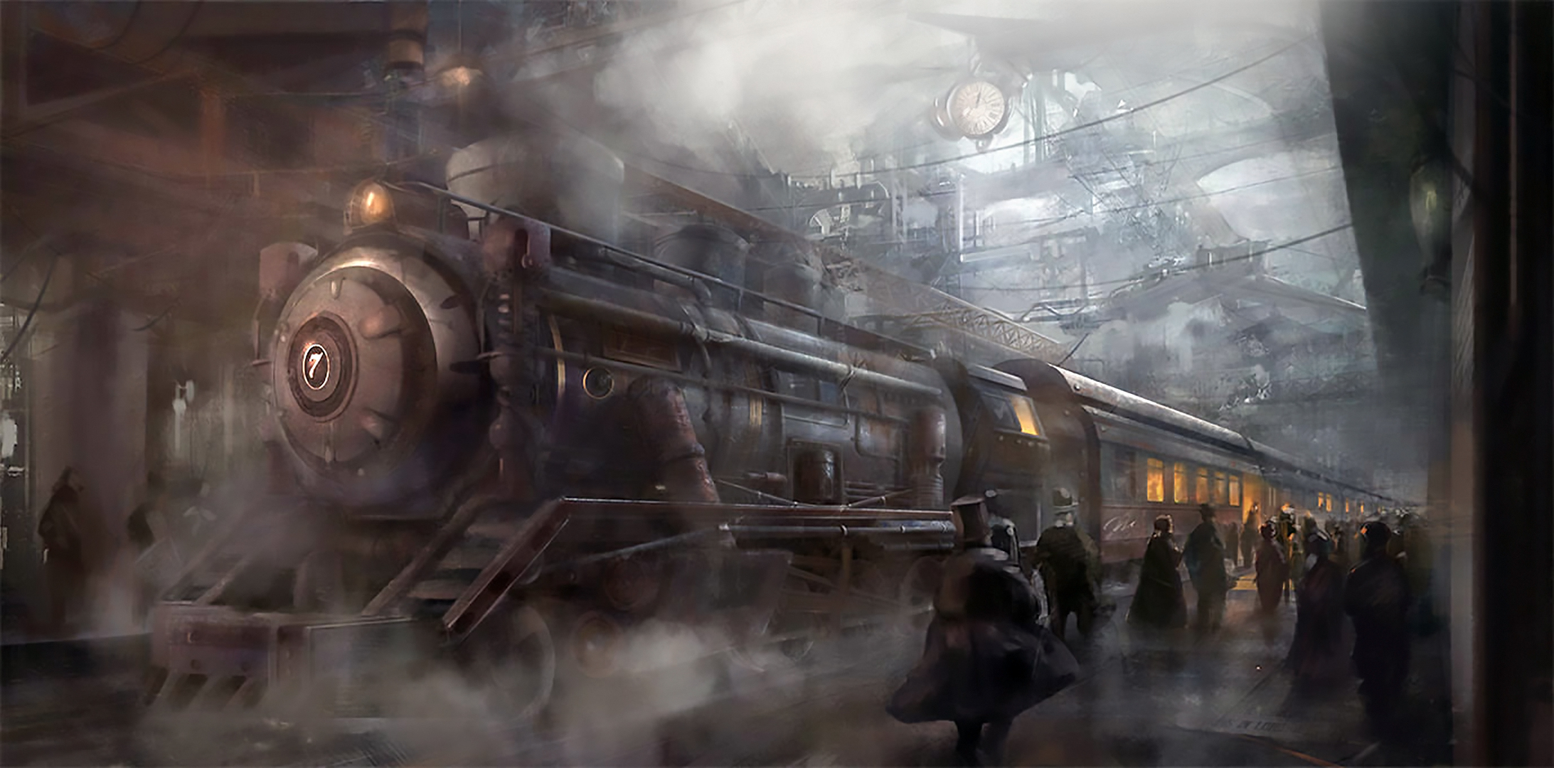 Скачать обои бесплатно Поезд, Стимпанк, Железнодорожная Станция, Научная Фантастика картинка на рабочий стол ПК