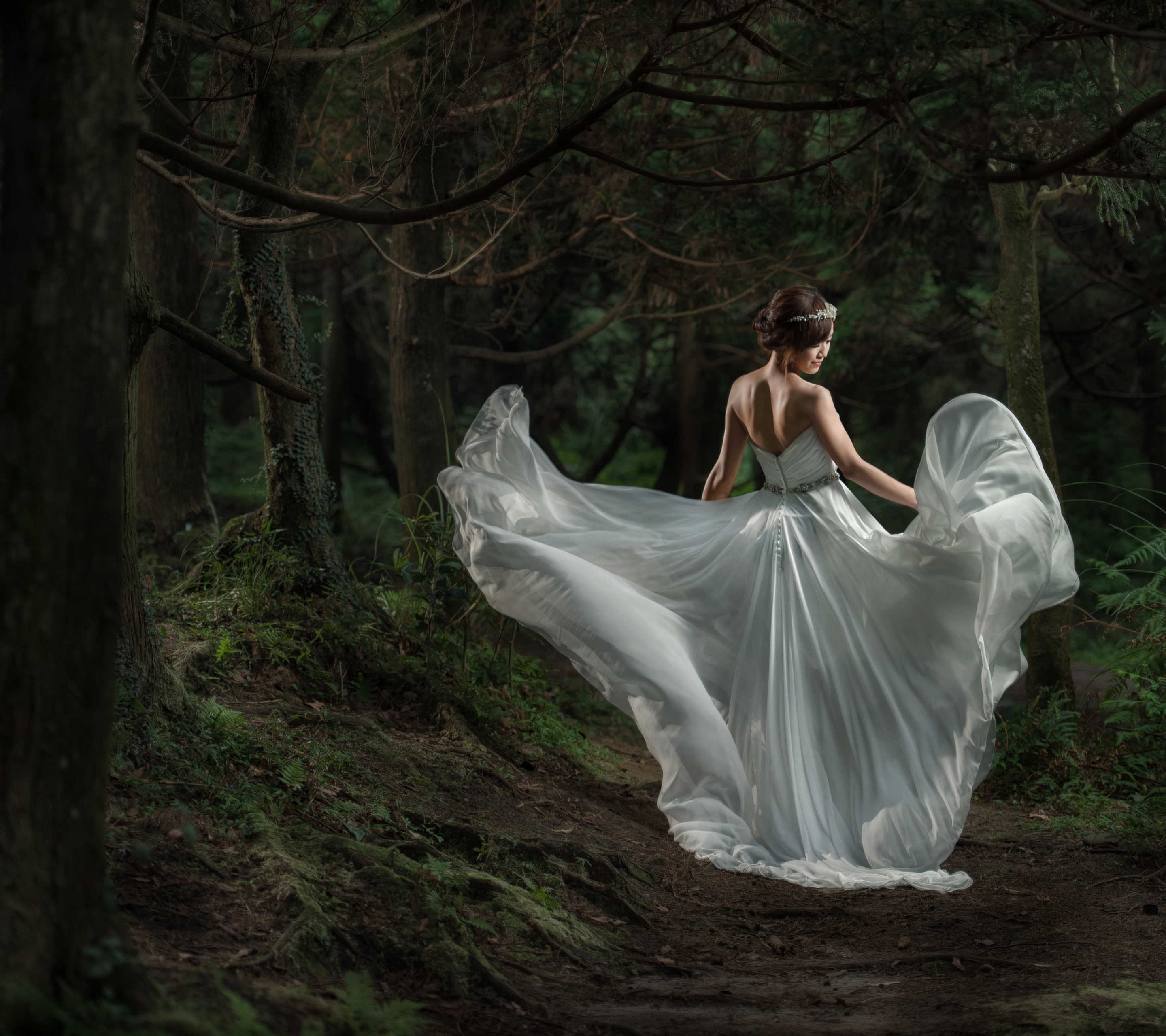 Download mobile wallpaper Forest, Tree, Mood, Bride, Women, Asian, Wedding Dress for free.