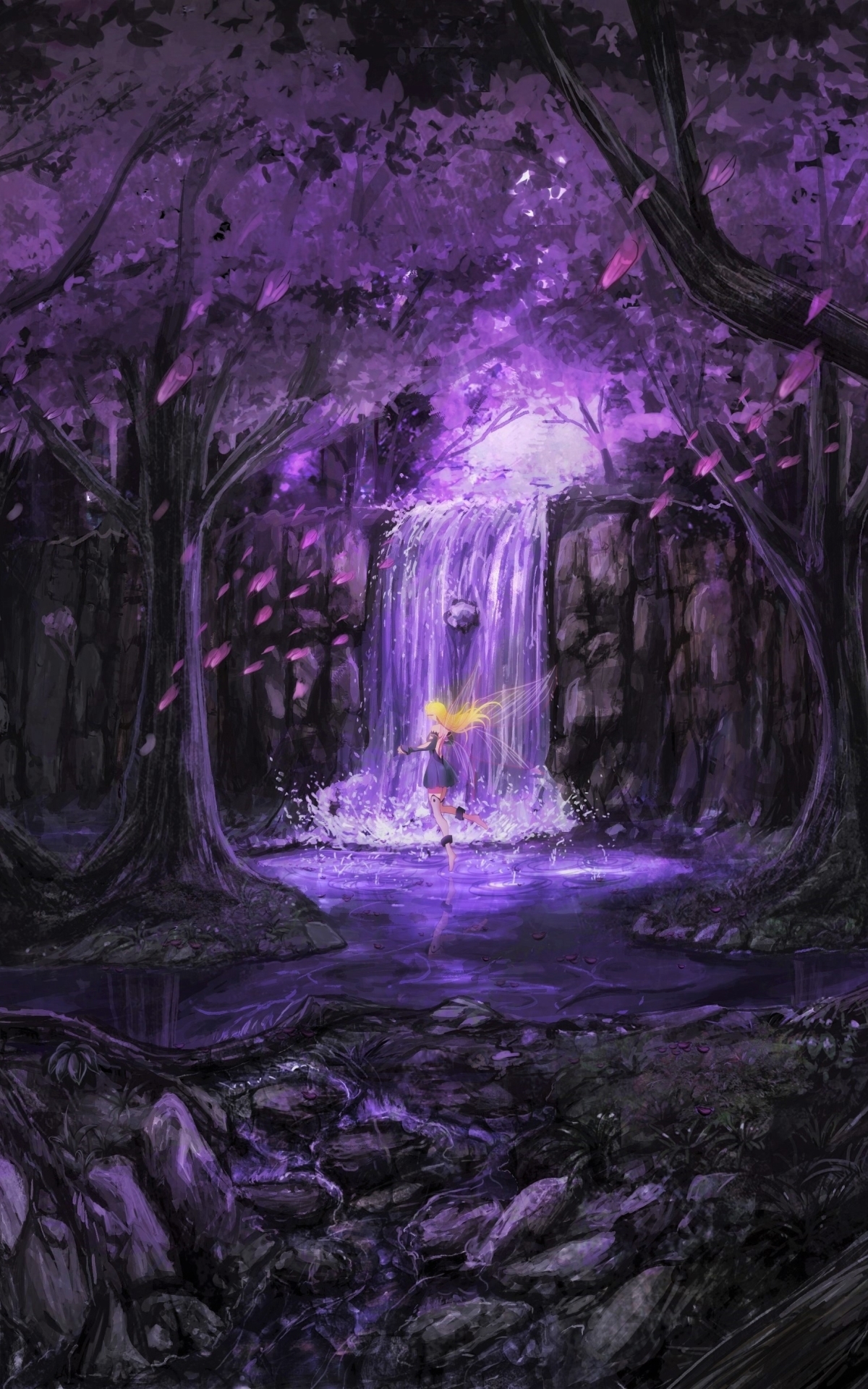 Download mobile wallpaper Fantasy, Waterfall, Forest, Purple, Fairy for free.