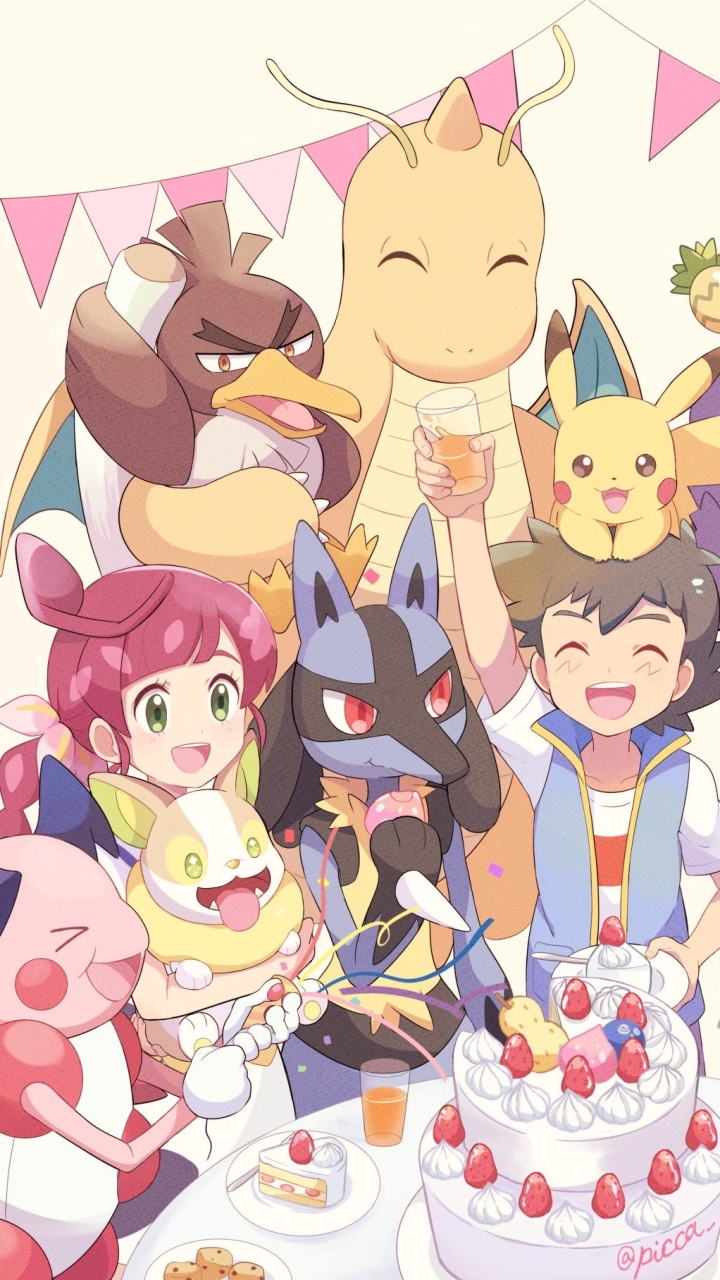 Download mobile wallpaper Anime, Cake, Pokémon, Pikachu, Dragonite (Pokémon), Mr Mime (Pokémon), Ash Ketchum, Lucario (Pokémon), Yamper (Pokémon) for free.