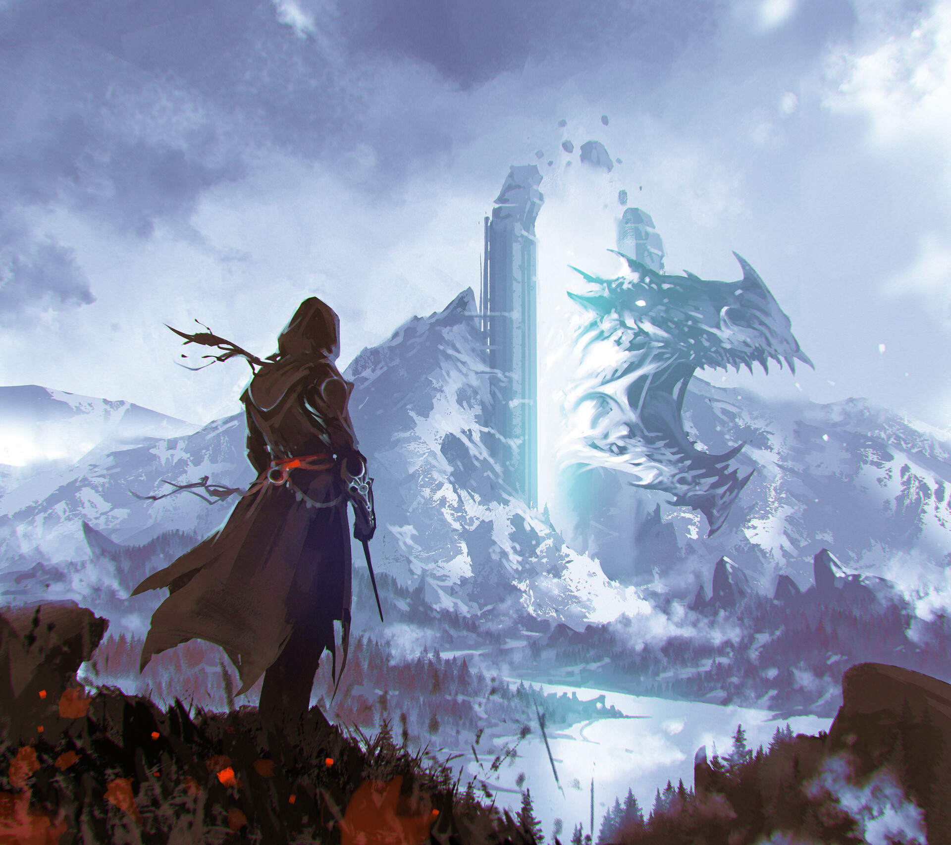 Free download wallpaper Landscape, Fantasy, Dragon, Warrior, Portal on your PC desktop