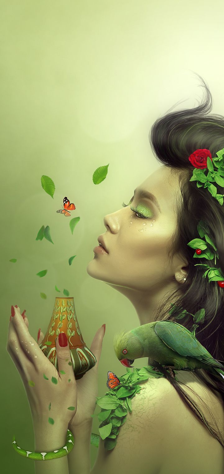 Download mobile wallpaper Fantasy, Butterfly, Spring, Women, Parrot for free.