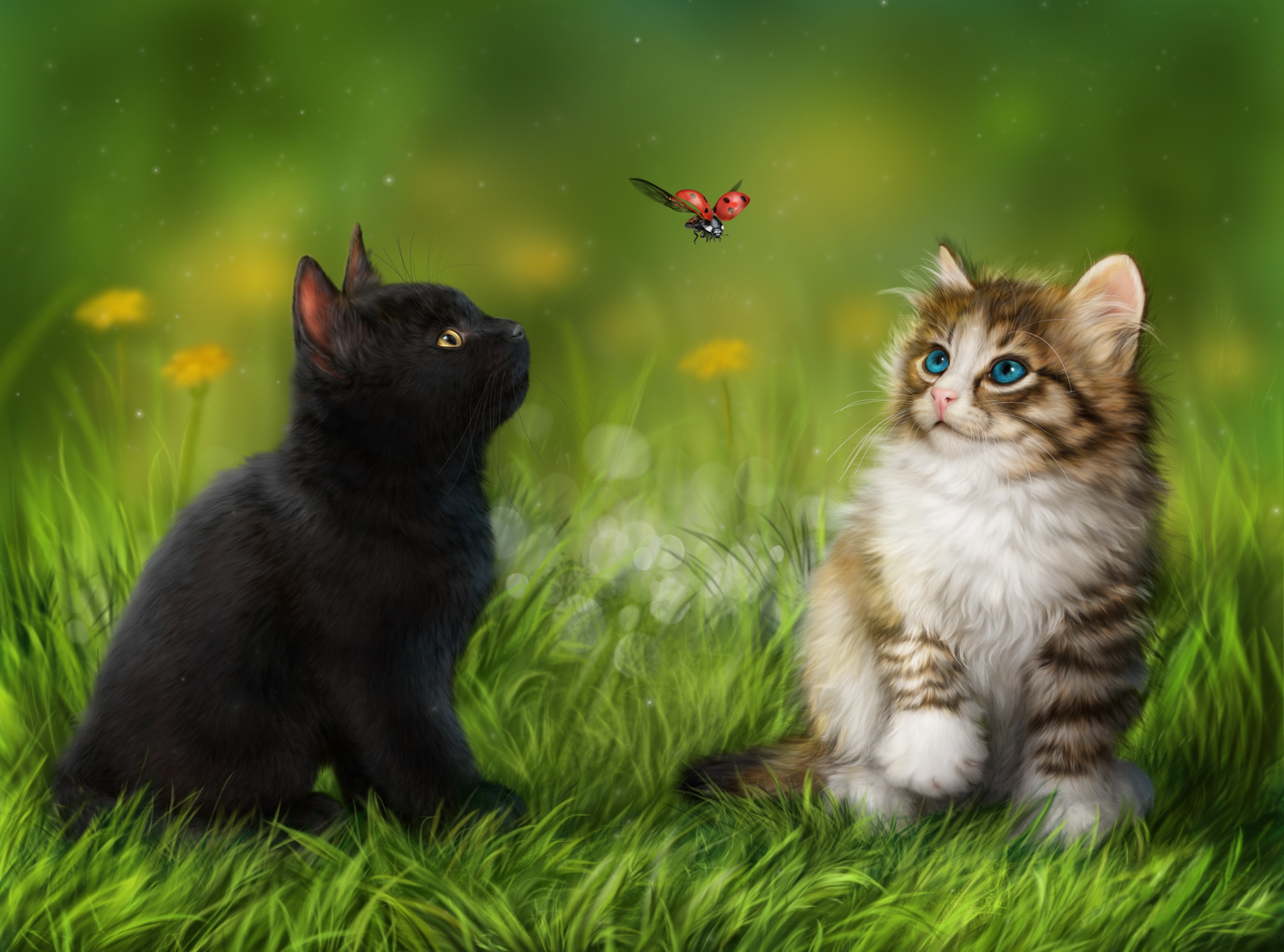 Download mobile wallpaper Cats, Grass, Cat, Kitten, Animal, Ladybug, Painting, Spring, Cute for free.