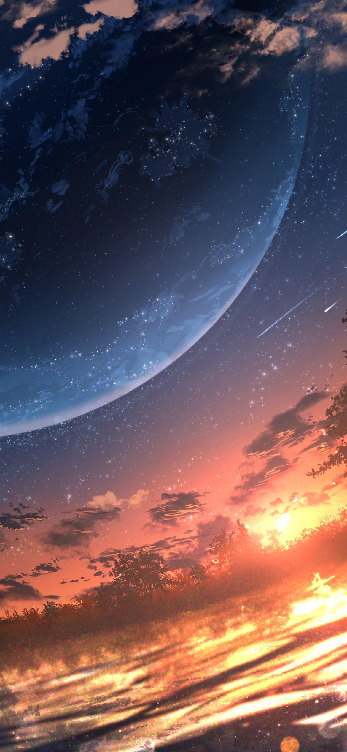 Скачать картинку Аниме, Звездное Небо, Планета, Закат Солнца в телефон бесплатно.