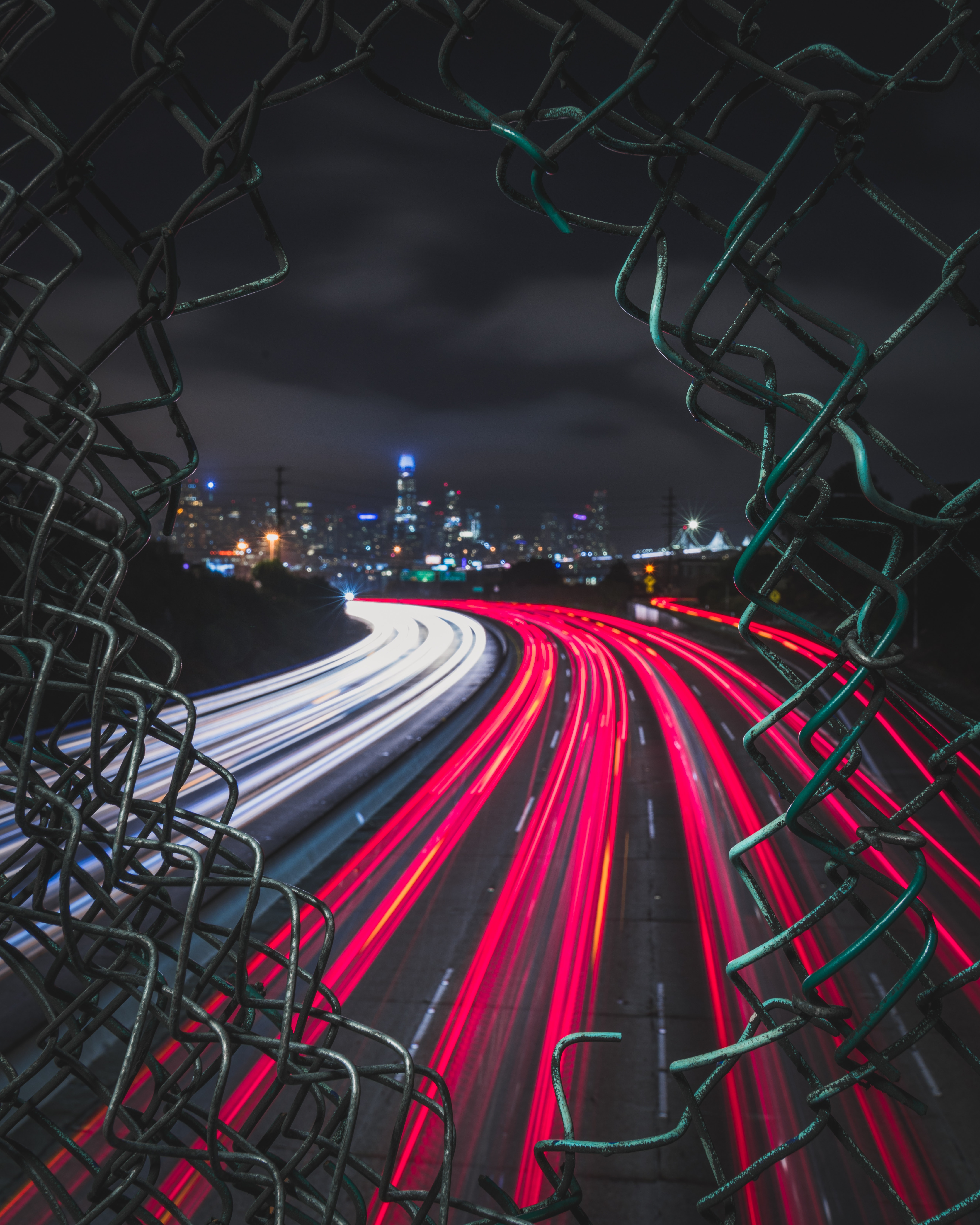 Free download wallpaper Cities, Traffic, Movement, Night City, Fence, Wire, City Lights, Road, Grid on your PC desktop