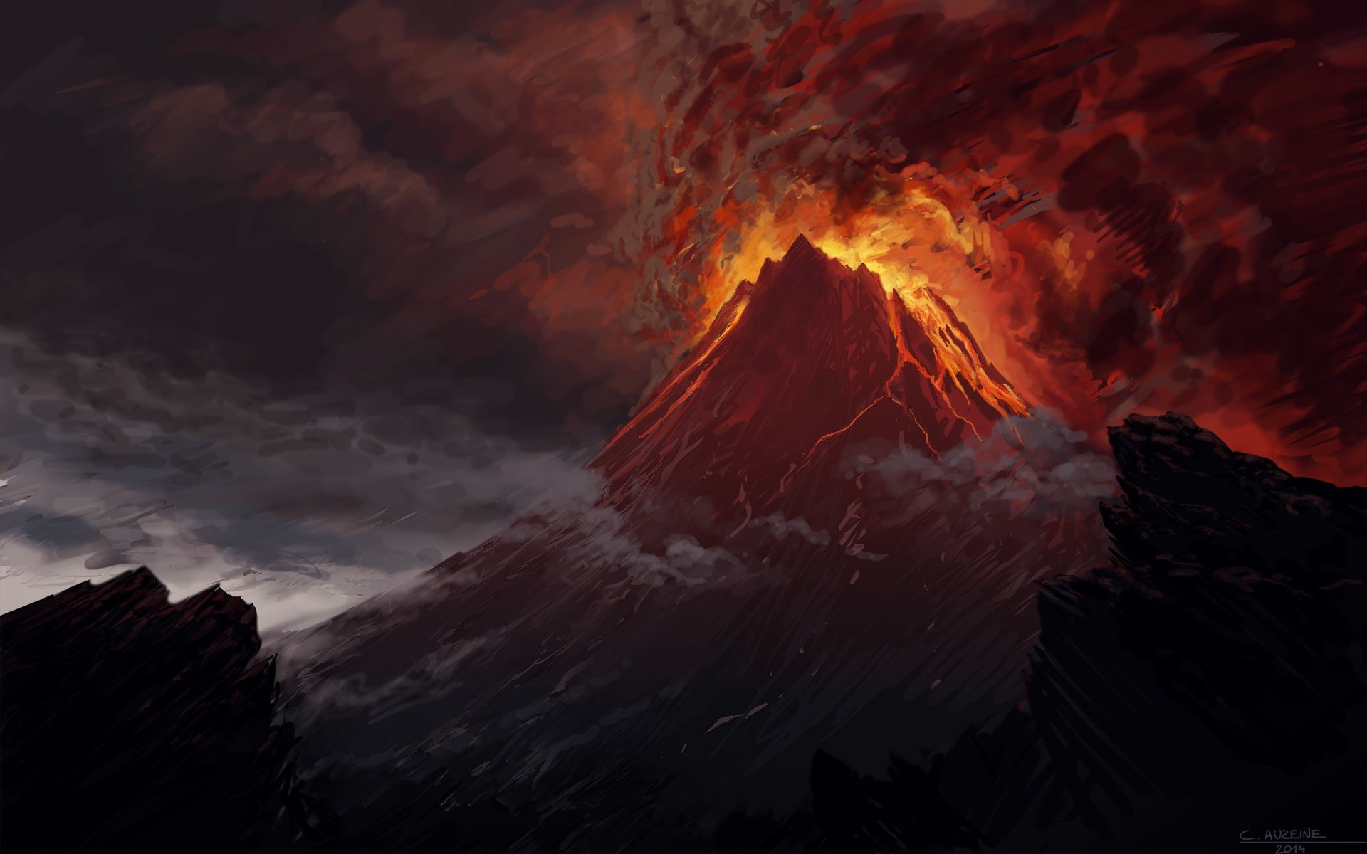 artistic, painting, eruption, volcano