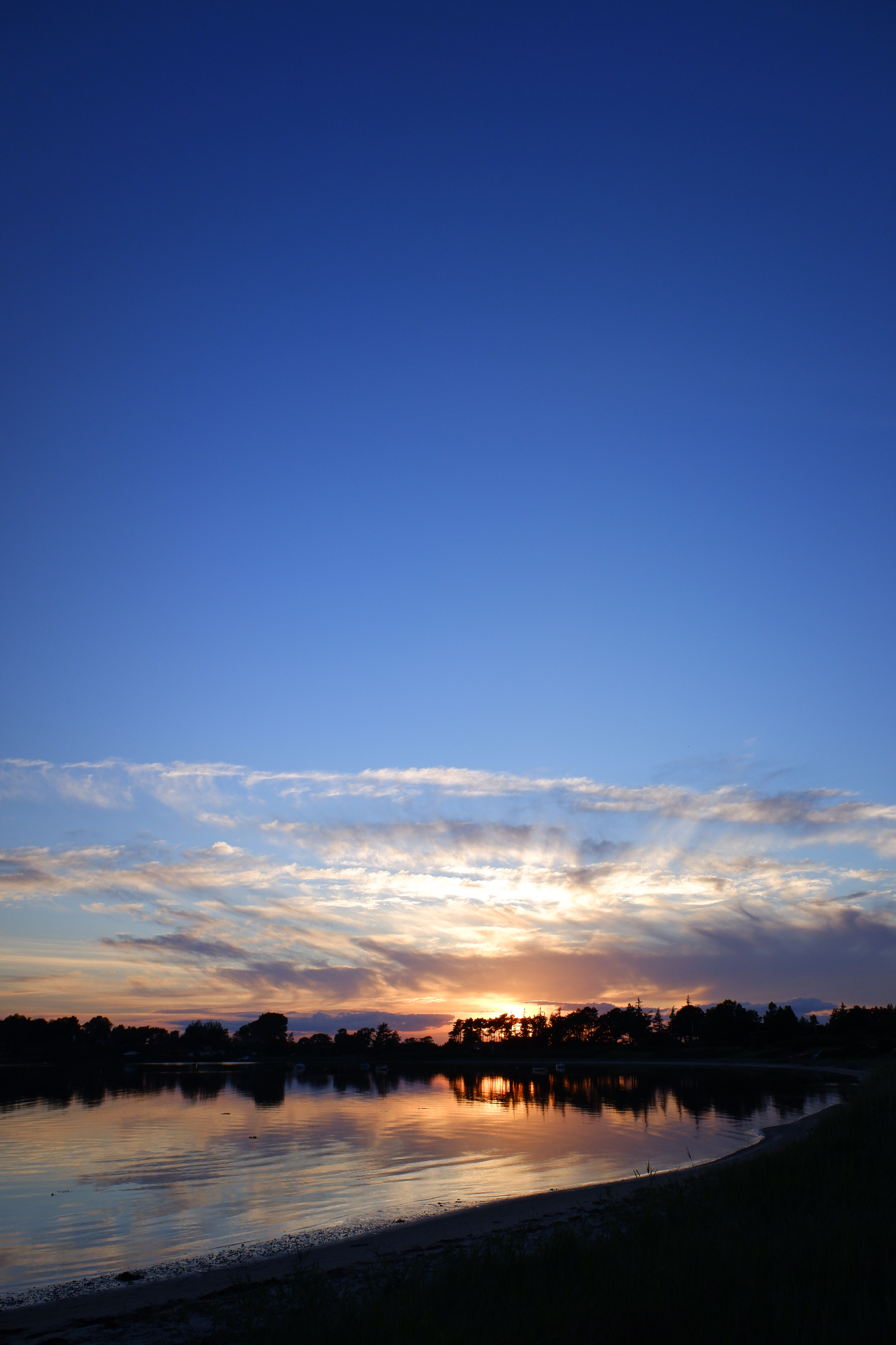 bank, nature, sunset, twilight, lake, shore, dark, dusk phone background