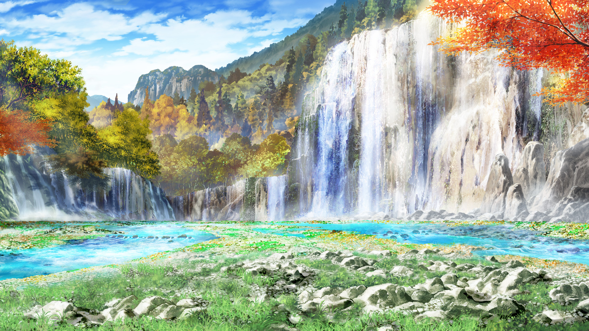 Download mobile wallpaper Anime, Landscape, Waterfall for free.