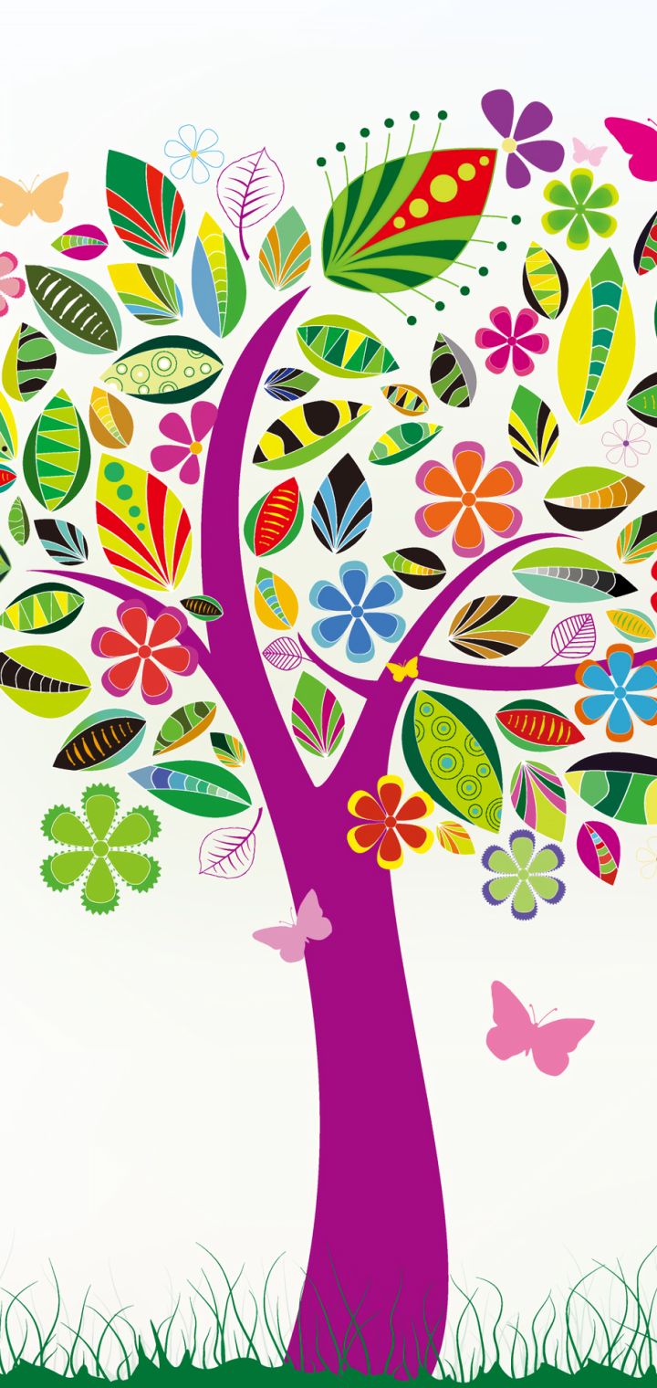 Download mobile wallpaper Flower, Tree, Colors, Butterfly, Colorful, Artistic for free.