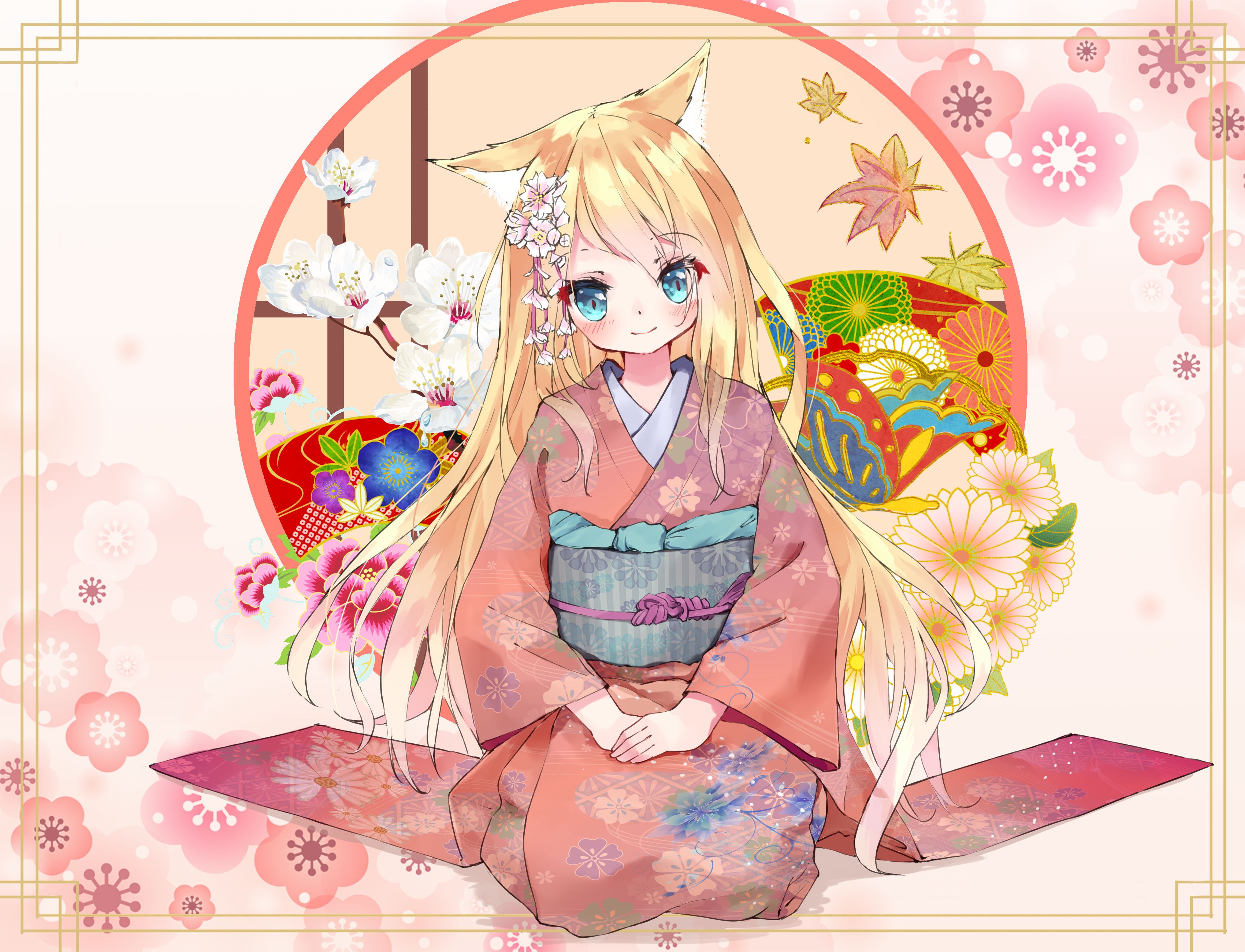 Descarga gratuita de fondo de pantalla para móvil de Kimono, Ojos Azules, Animado, Pelo Largo, Geisha, Rubia.