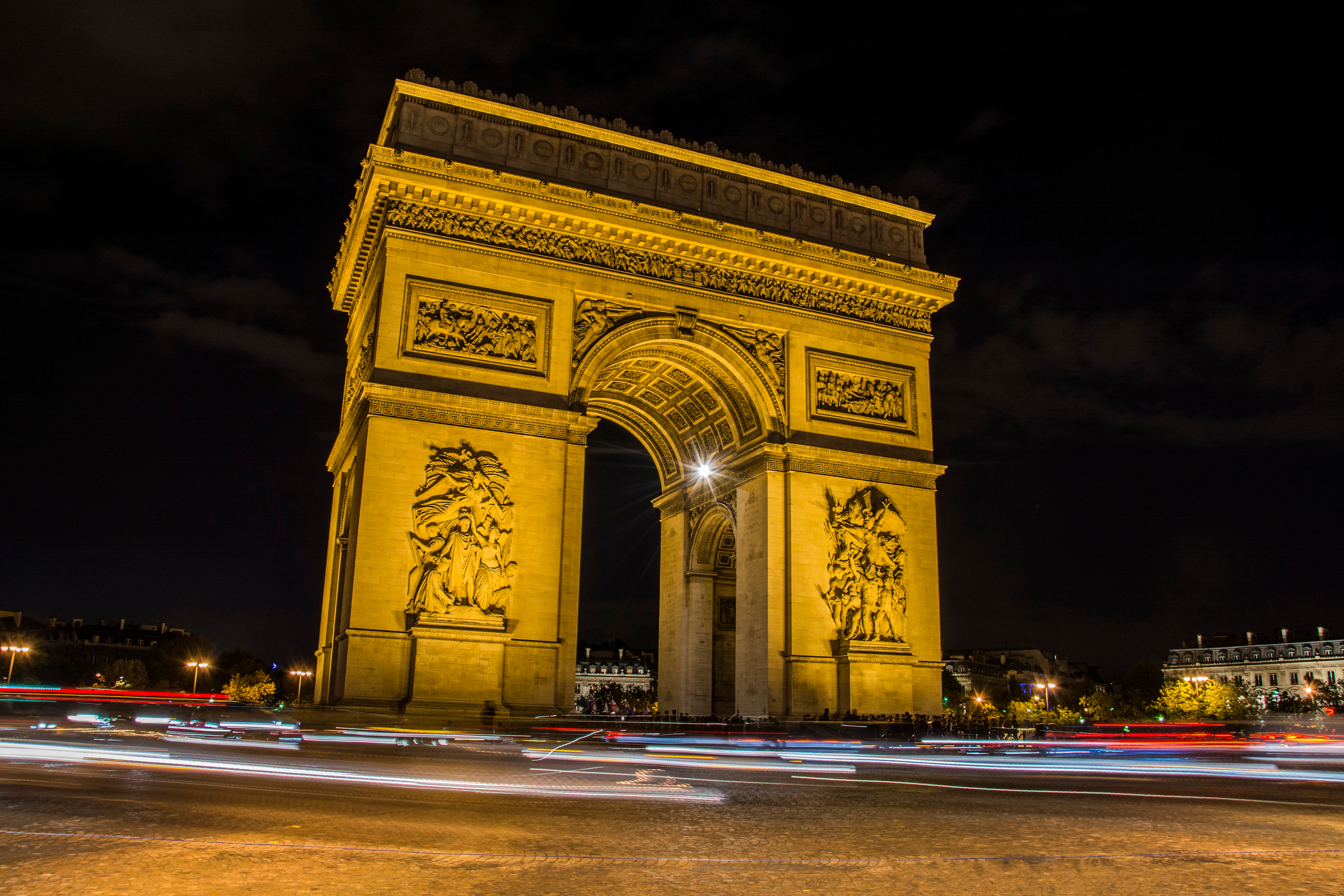 1524850 завантажити шпалери створено людиною, тріумфальна арка, франція, світло, пам'ятник, ніч, париж, проміжок часу, пам'ятники - заставки і картинки безкоштовно