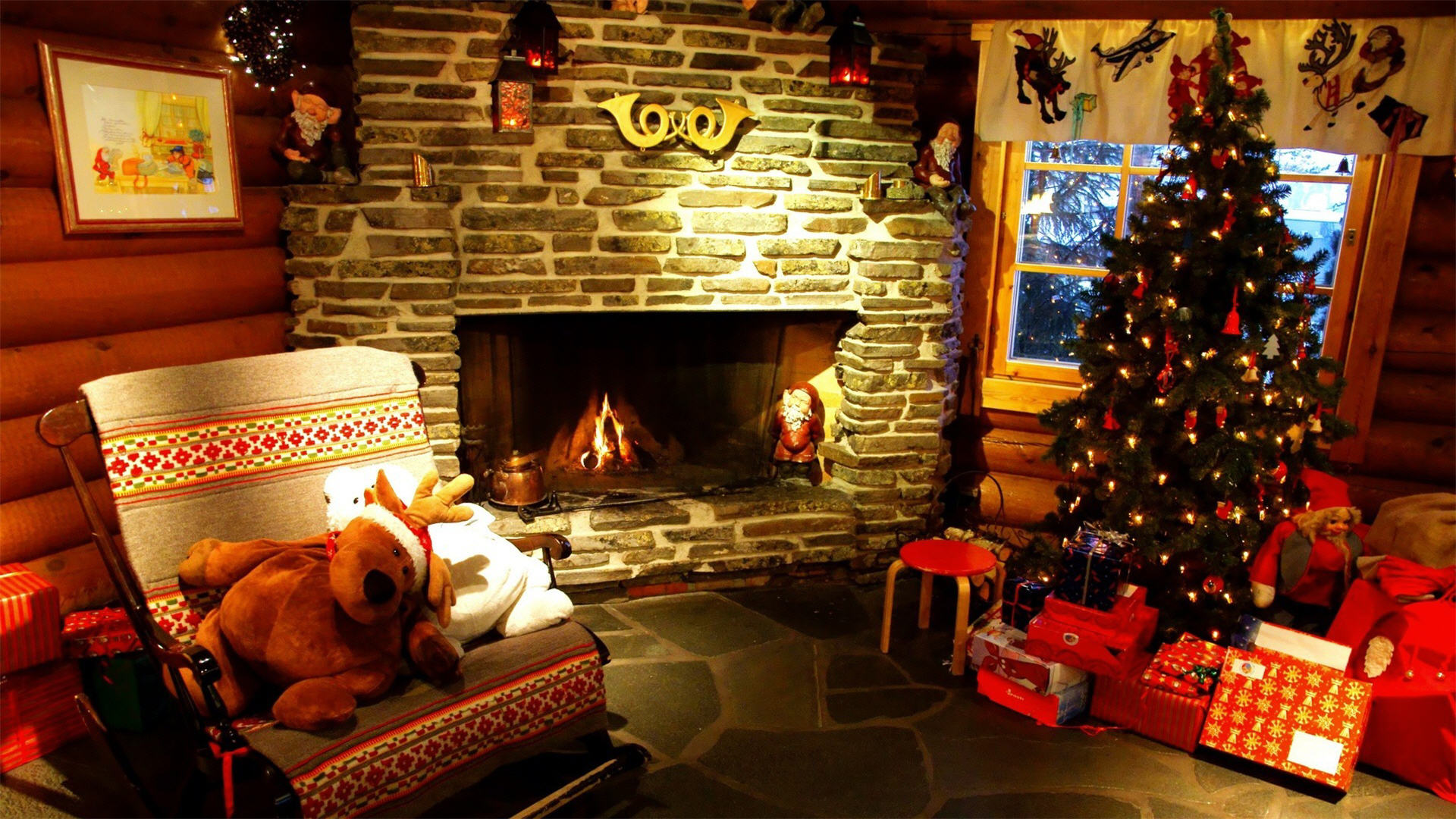 holiday, christmas, christmas tree, fireplace, gift, stuffed animal