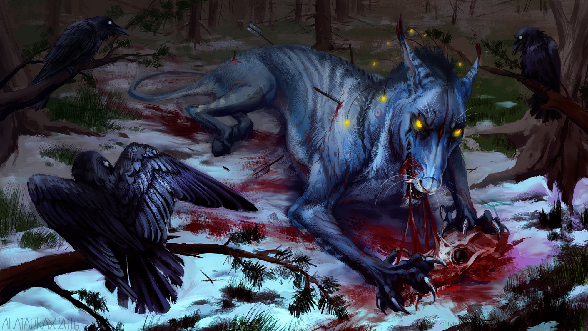 Download mobile wallpaper Fantasy, Blood, Dark, Creature, Crow for free.