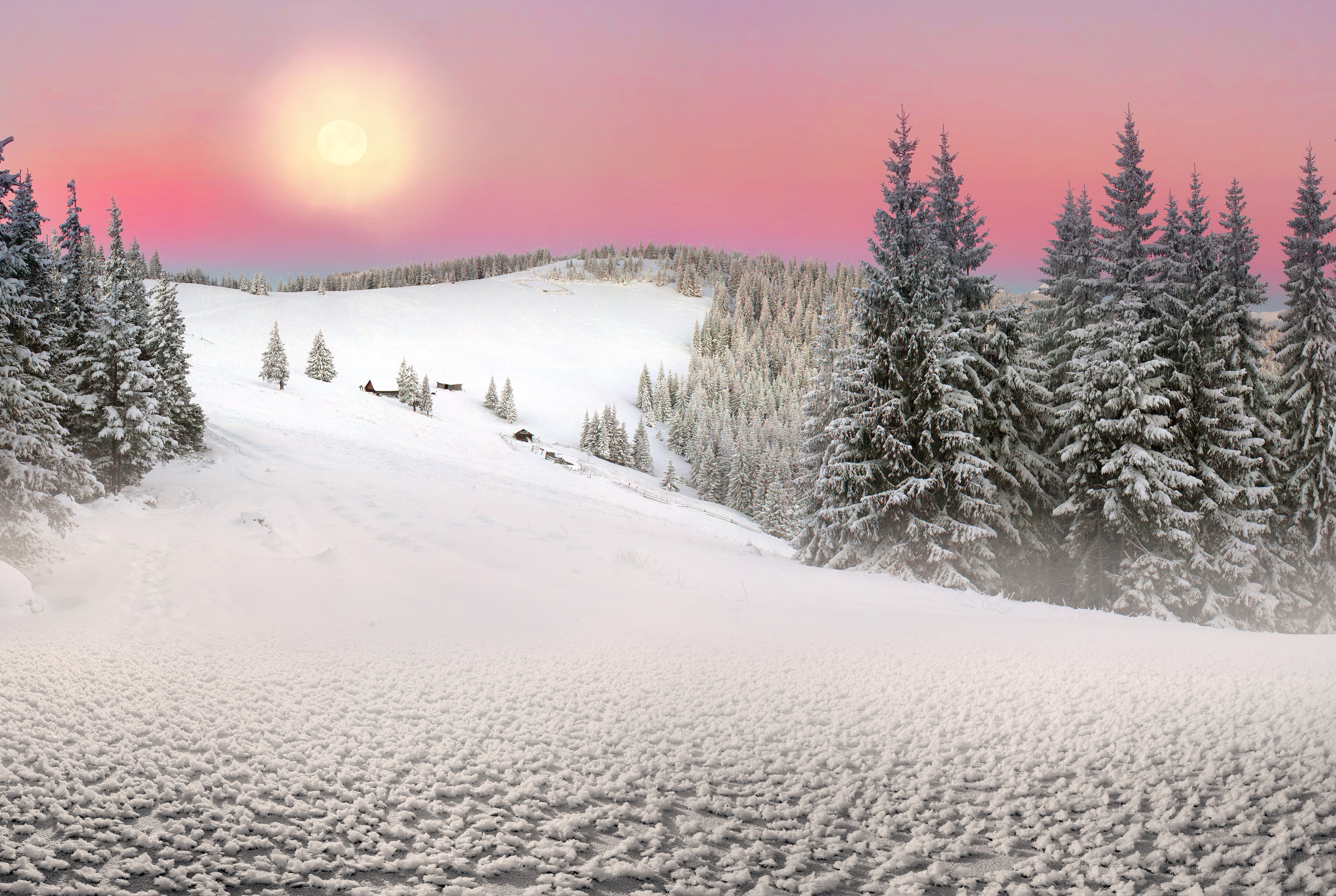 Download mobile wallpaper Winter, Sunset, Sky, Snow, Mountain, Forest, Tree, Earth for free.