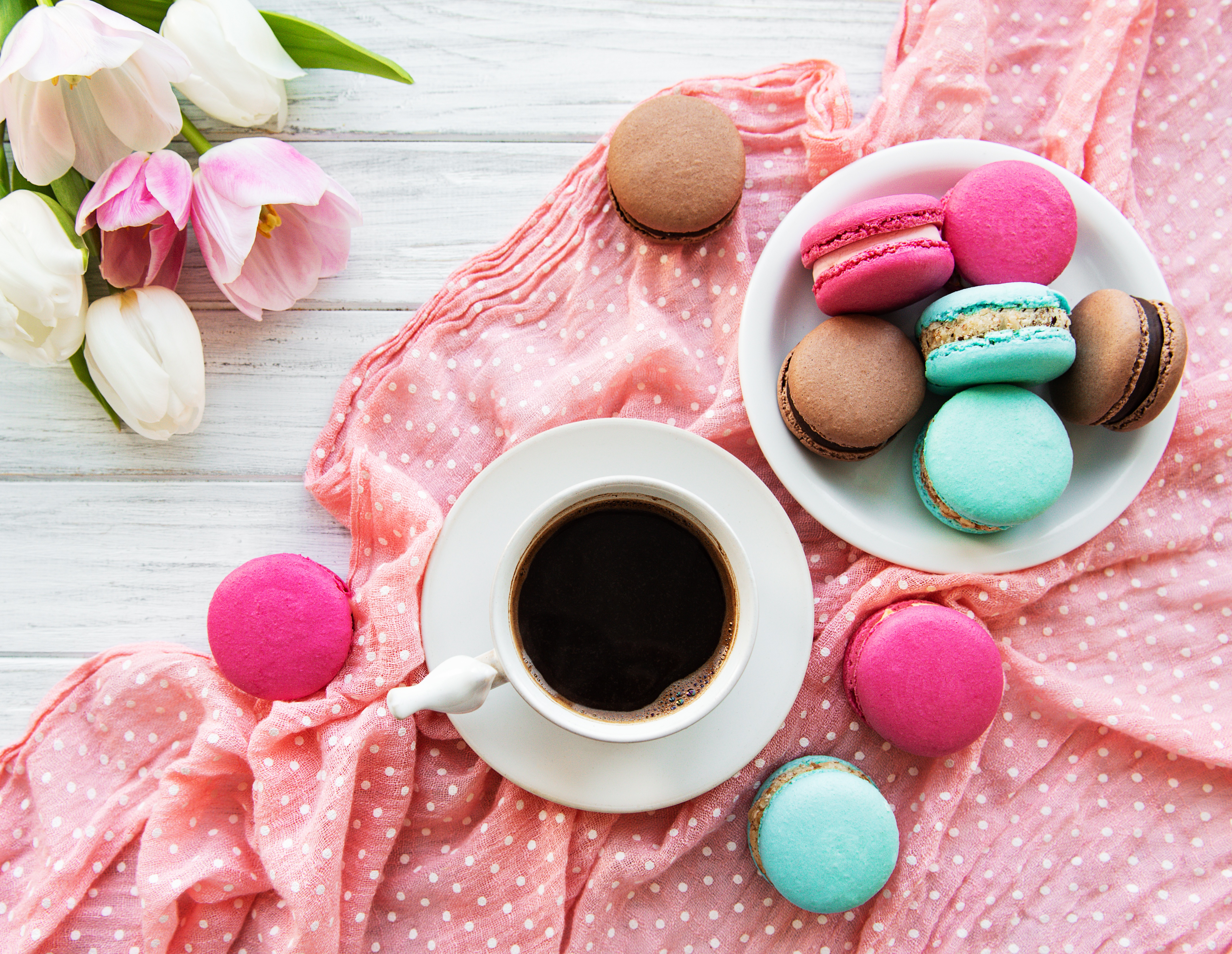 Download mobile wallpaper Food, Coffee, Still Life, Cup, Sweets, Macaron for free.