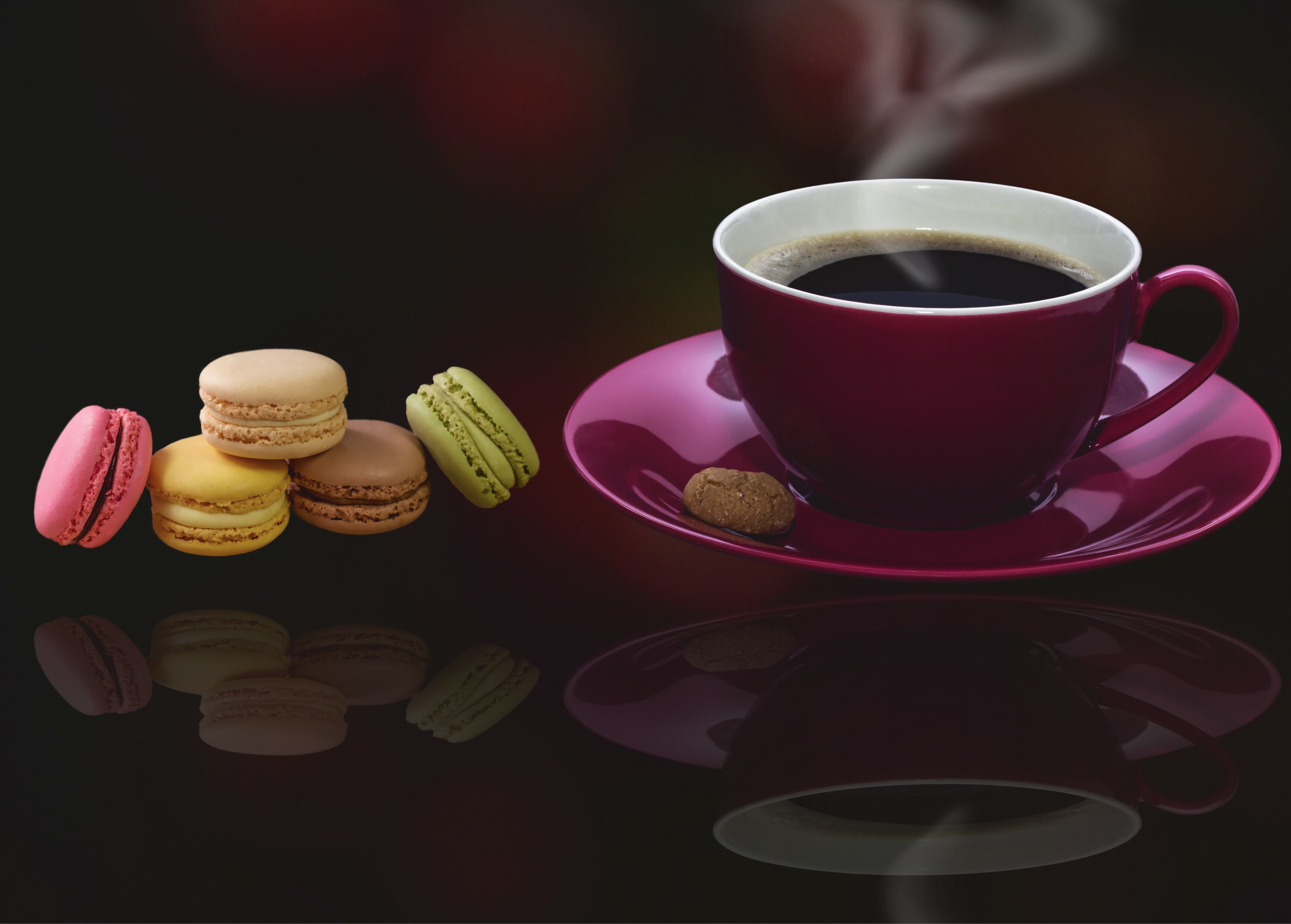 Download mobile wallpaper Food, Coffee, Reflection, Cup, Macaron for free.
