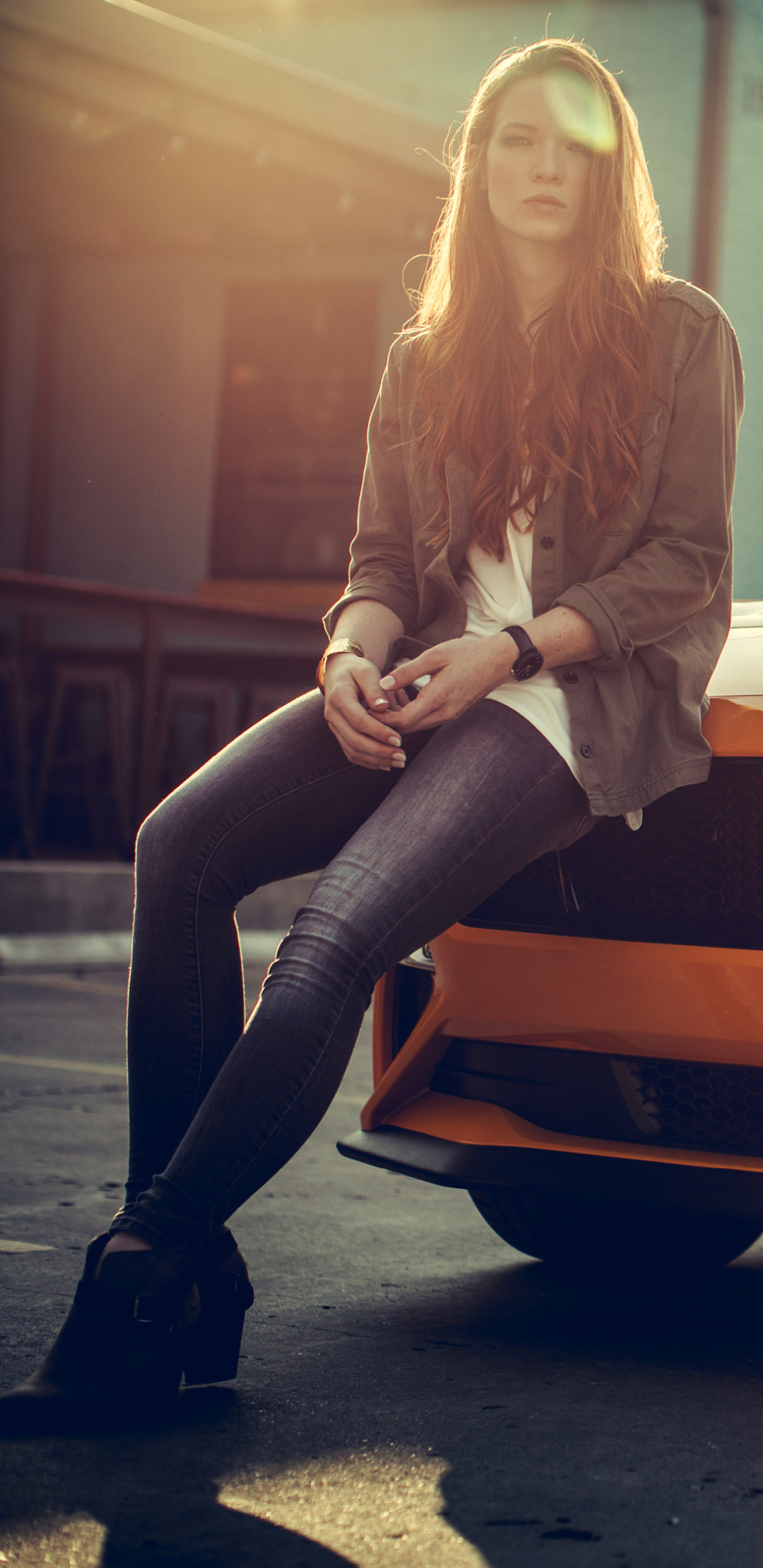 Download mobile wallpaper Car, Redhead, Ford Mustang, Jeans, Jacket, Women, Vehicle, Long Hair, Girls & Cars, Orange Car for free.