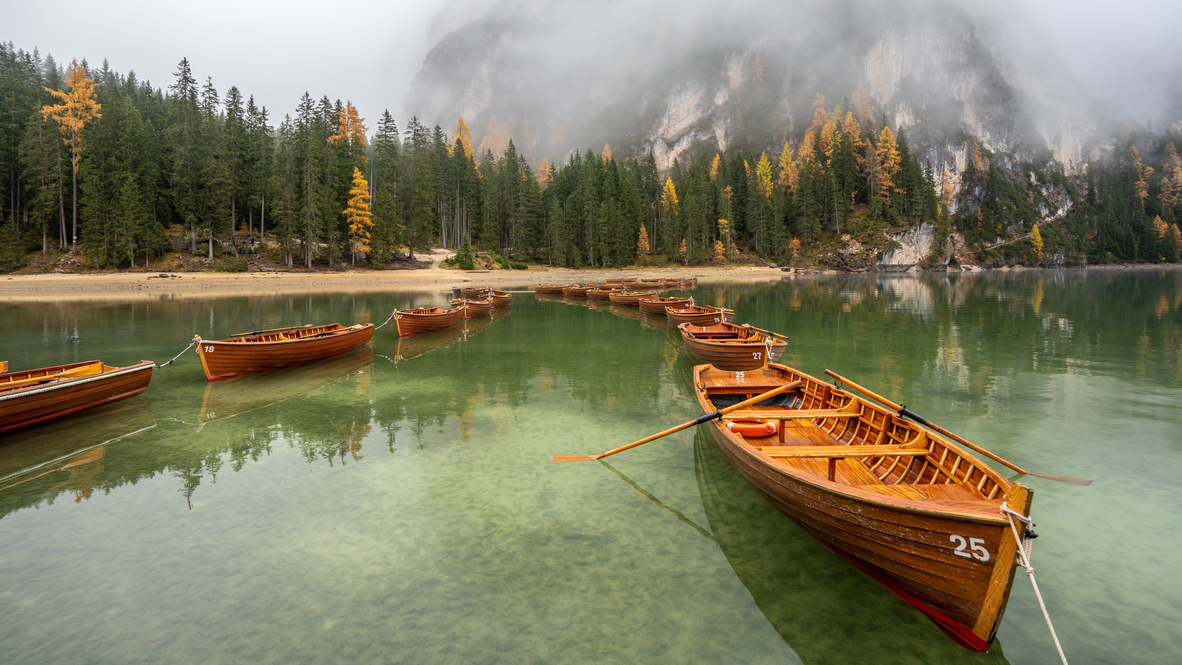 Download mobile wallpaper Mountain, Lake, Shore, Forest, Fog, Fall, Alps, Boat, Vehicles for free.