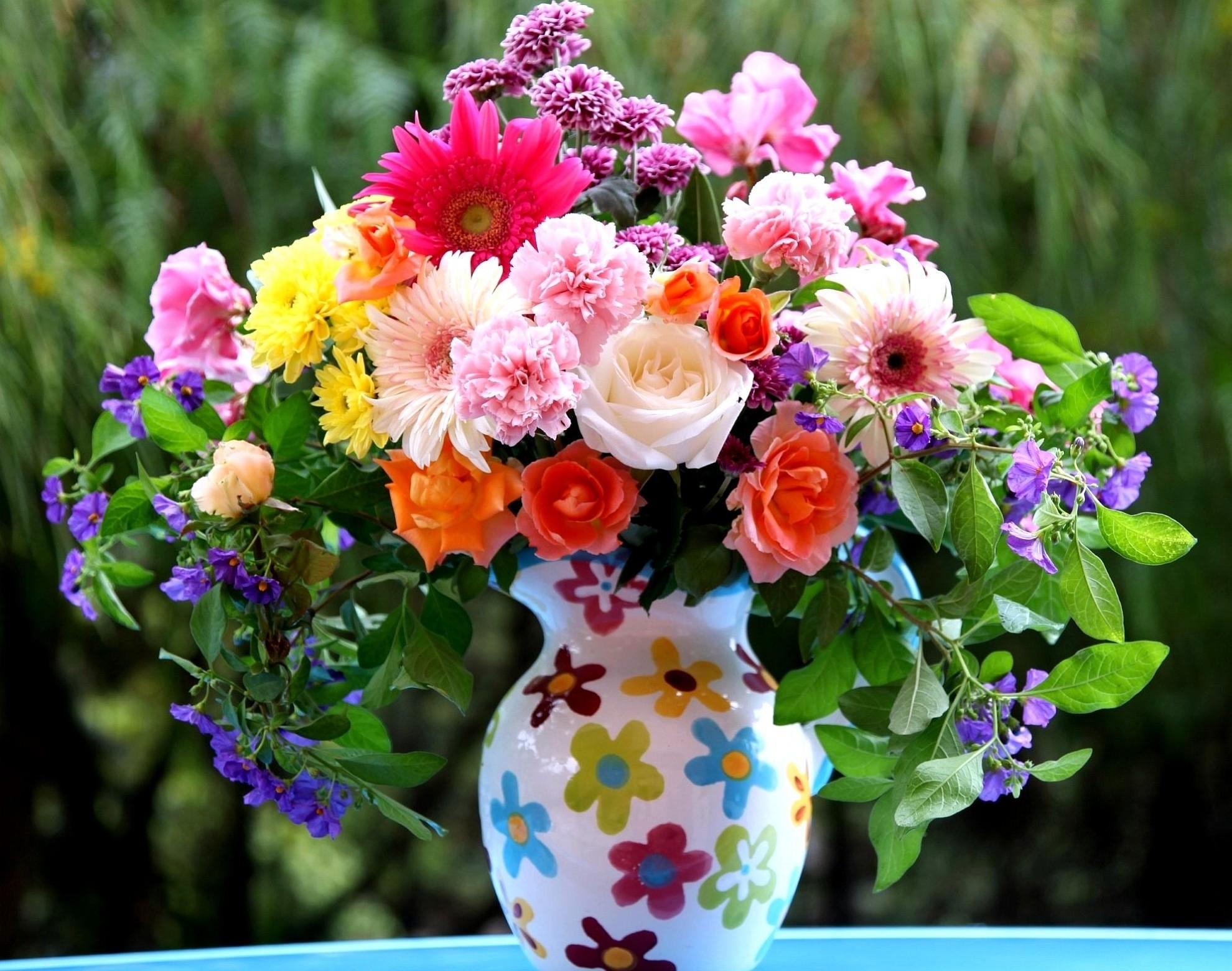flowers, bouquet, combination, roses, carnations, gerberas, jug