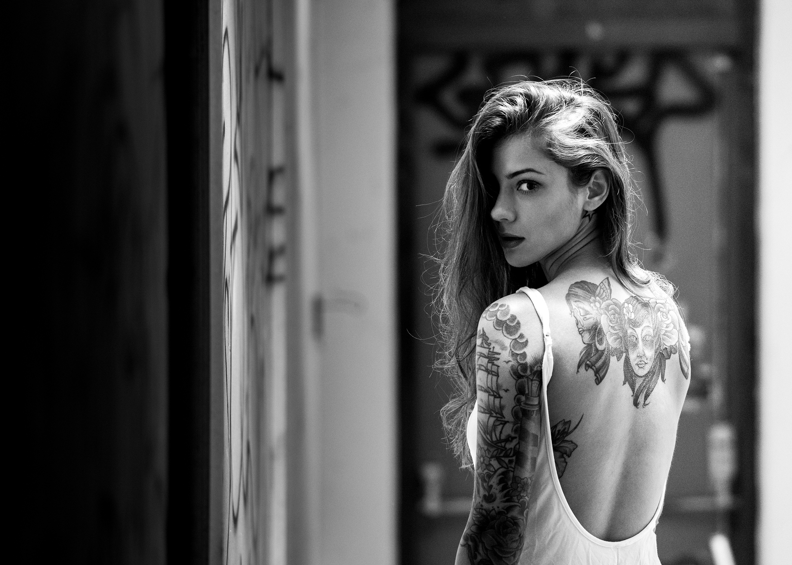 Download mobile wallpaper Tattoo, Model, Women, Black & White for free.