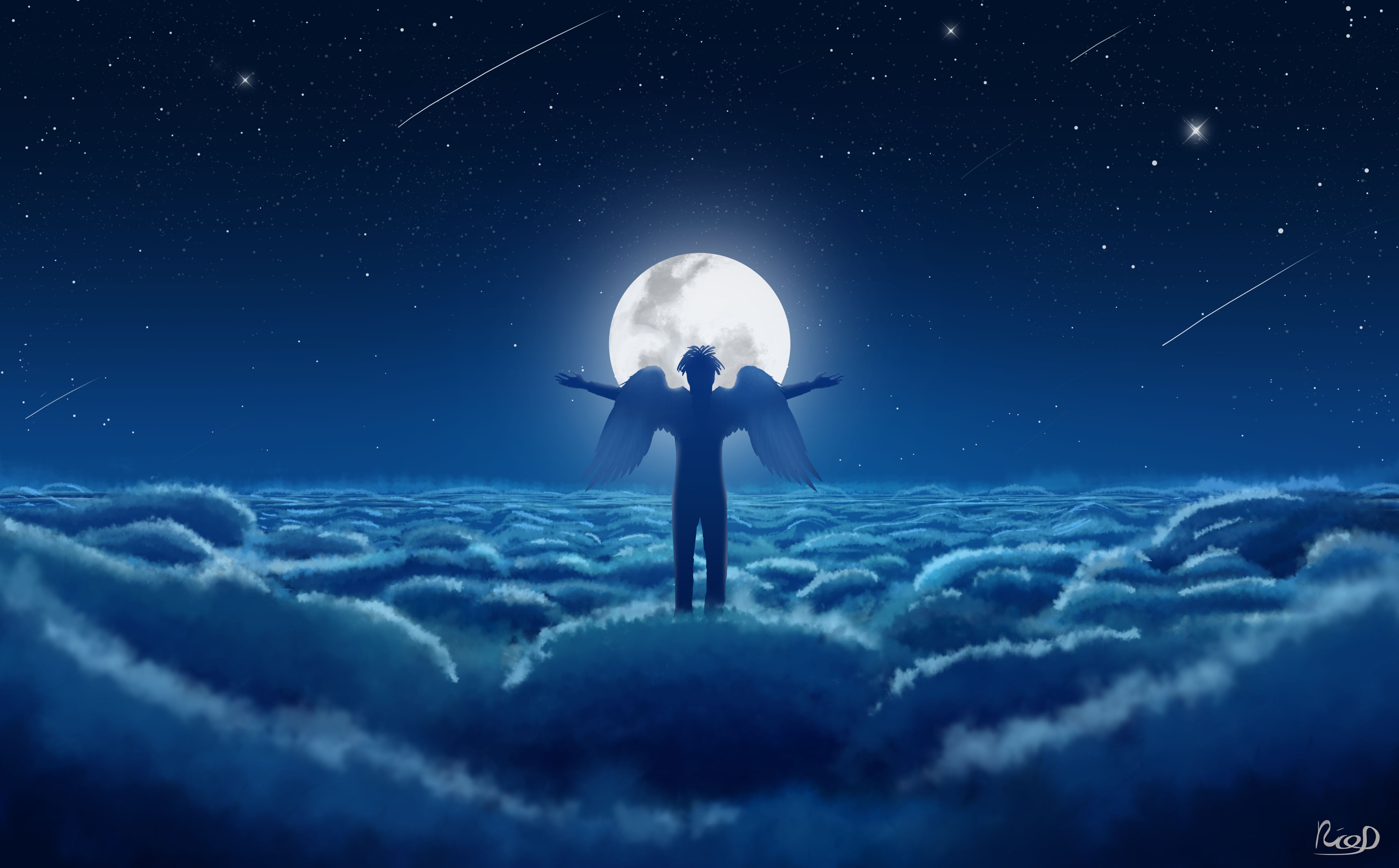 105922 скачать картинку ангел, луна, арт, небо, облака, крылья - обои и заставки бесплатно