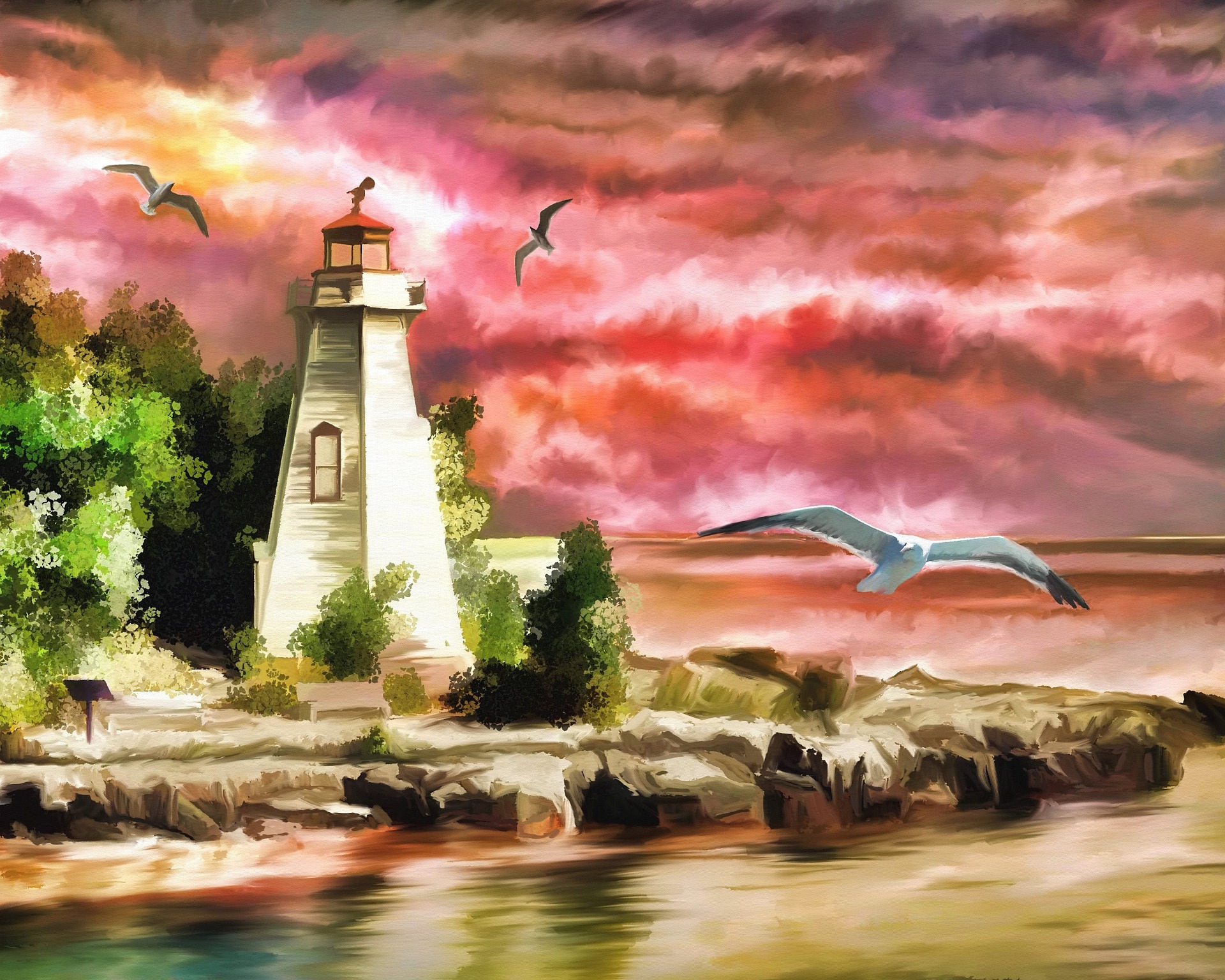 Laden Sie das Küste, Ozean, Leuchtturm, Malerei, Sonnenuntergang, Künstlerisch, Seemöve-Bild kostenlos auf Ihren PC-Desktop herunter