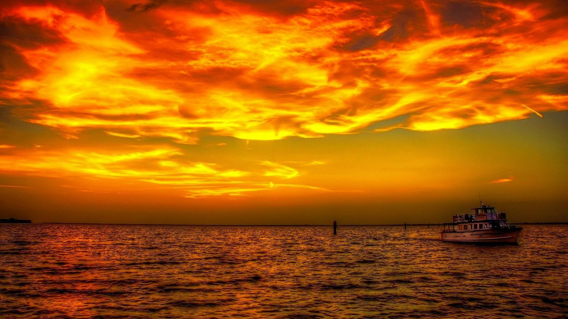 Free download wallpaper Sunset, Sky, Horizon, Boat, Hdr, Ship, Photography, Vehicle, Orange (Color) on your PC desktop