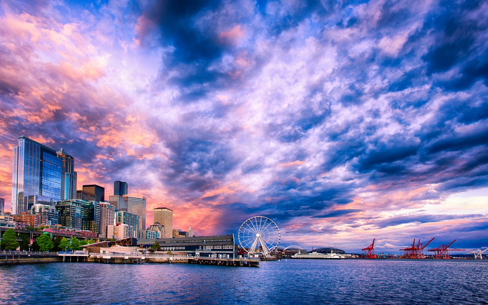Laden Sie das Städte, Wolke, Seattle, Himmel, Sonnenuntergang, Menschengemacht, Großstadt-Bild kostenlos auf Ihren PC-Desktop herunter
