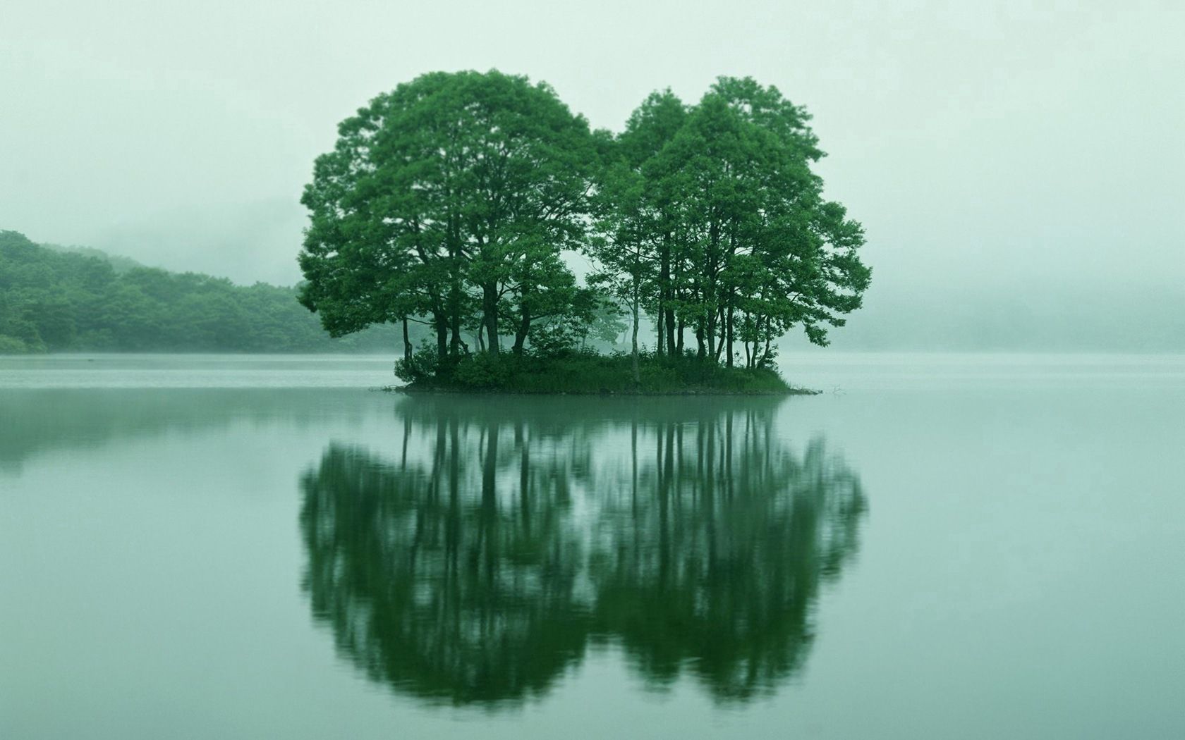 Download mobile wallpaper Islet, Fog, Trees, Lake, Water, Summer, Nature, Island, Morning for free.
