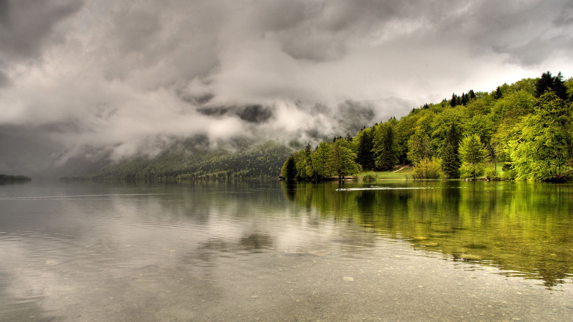 Free download wallpaper Nature, Trees, Clouds, Lake, Shore, Bank, Mainly Cloudy, Overcast, Haze on your PC desktop