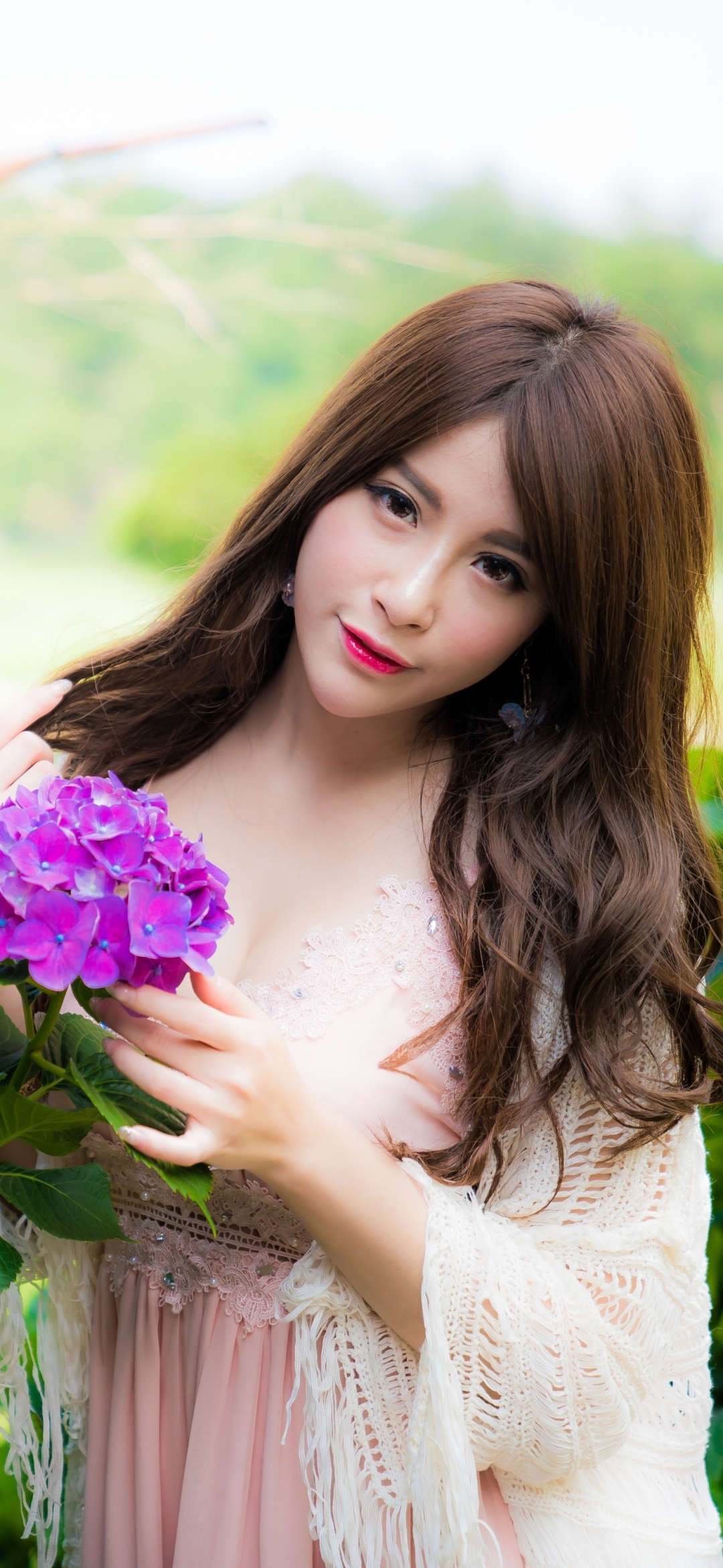 Download mobile wallpaper Flower, Brunette, Model, Women, Asian, Pink Flower for free.