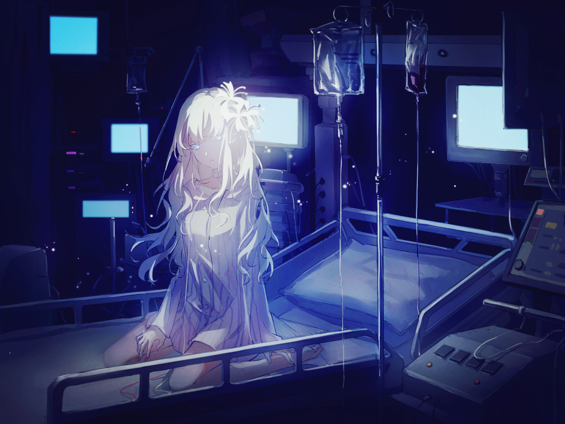 anime, original, hospital, white hair