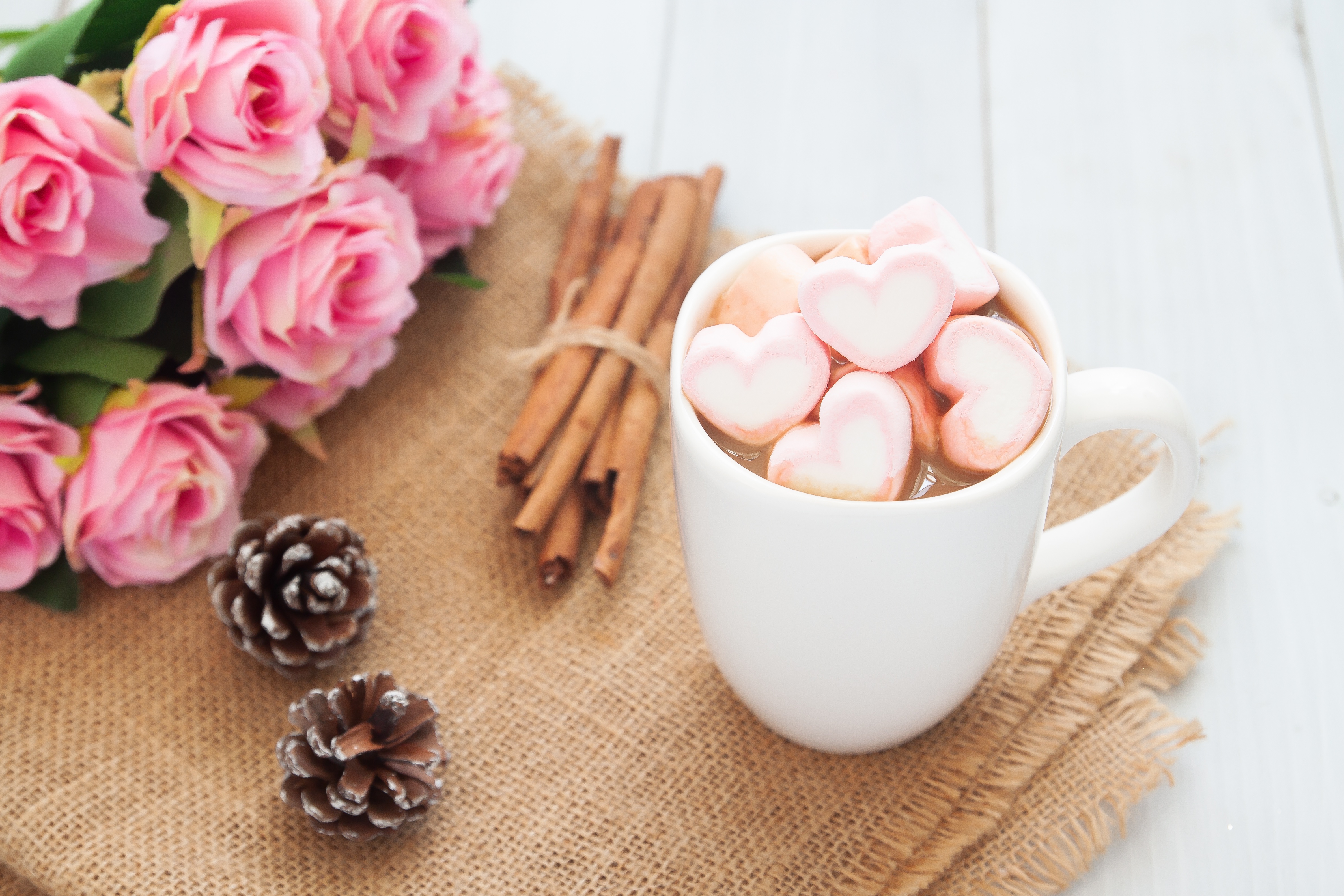 Download mobile wallpaper Food, Cinnamon, Flower, Rose, Cup, Marshmallow, Hot Chocolate, Pink Flower for free.