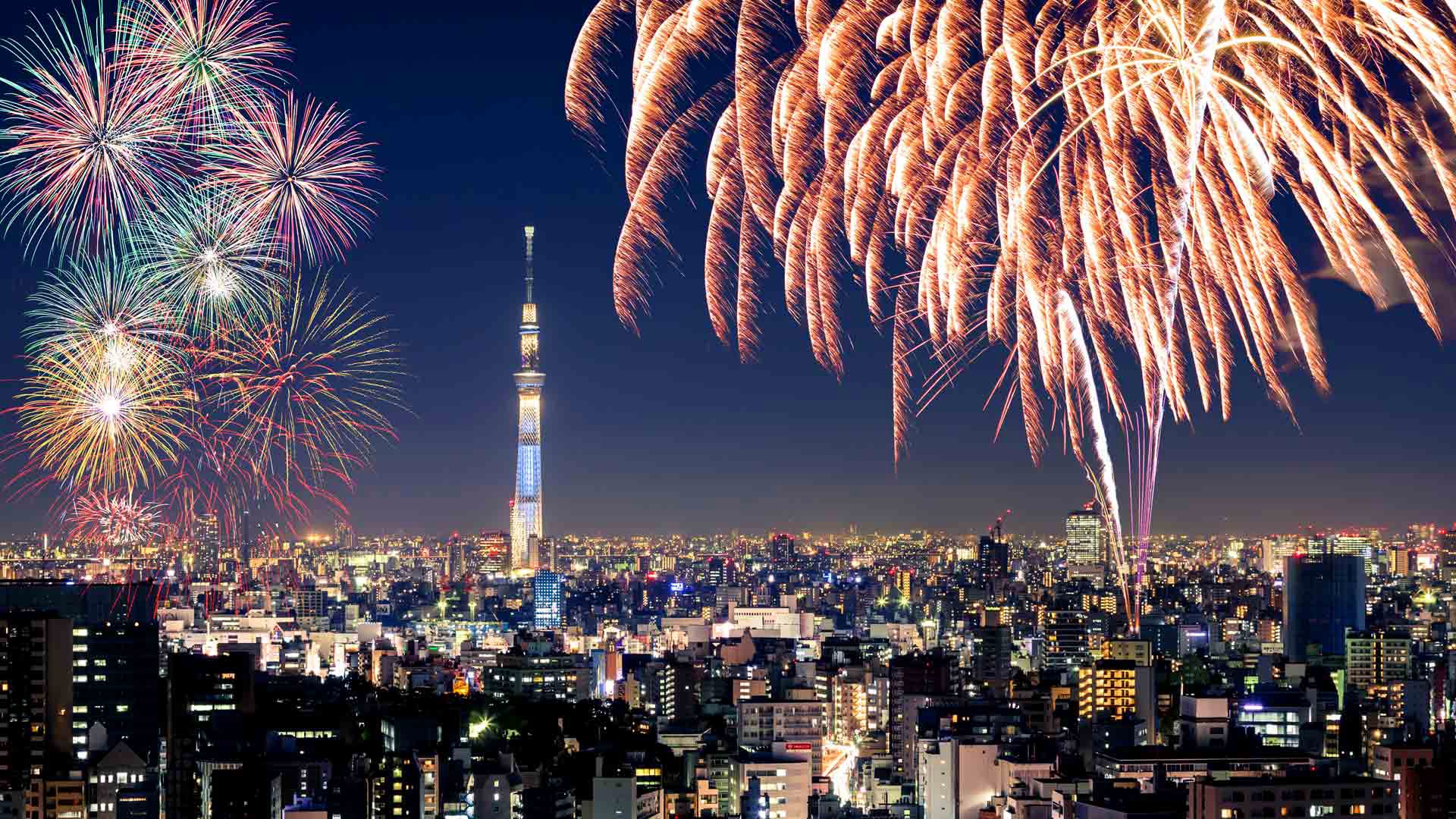 Free download wallpaper Cities, Night, City, Skyscraper, Building, Horizon, Japan, Cityscape, Fireworks, Tokyo, Man Made, Tokyo Skytree on your PC desktop