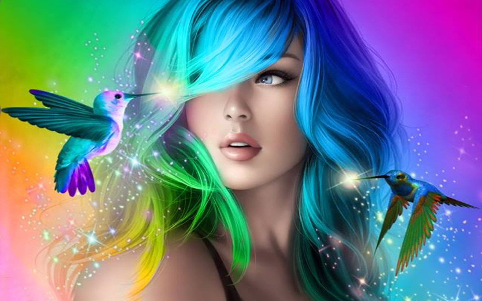 hair, purple, blue, women, artistic, blue eyes, colorful, hummingbird, sparkles